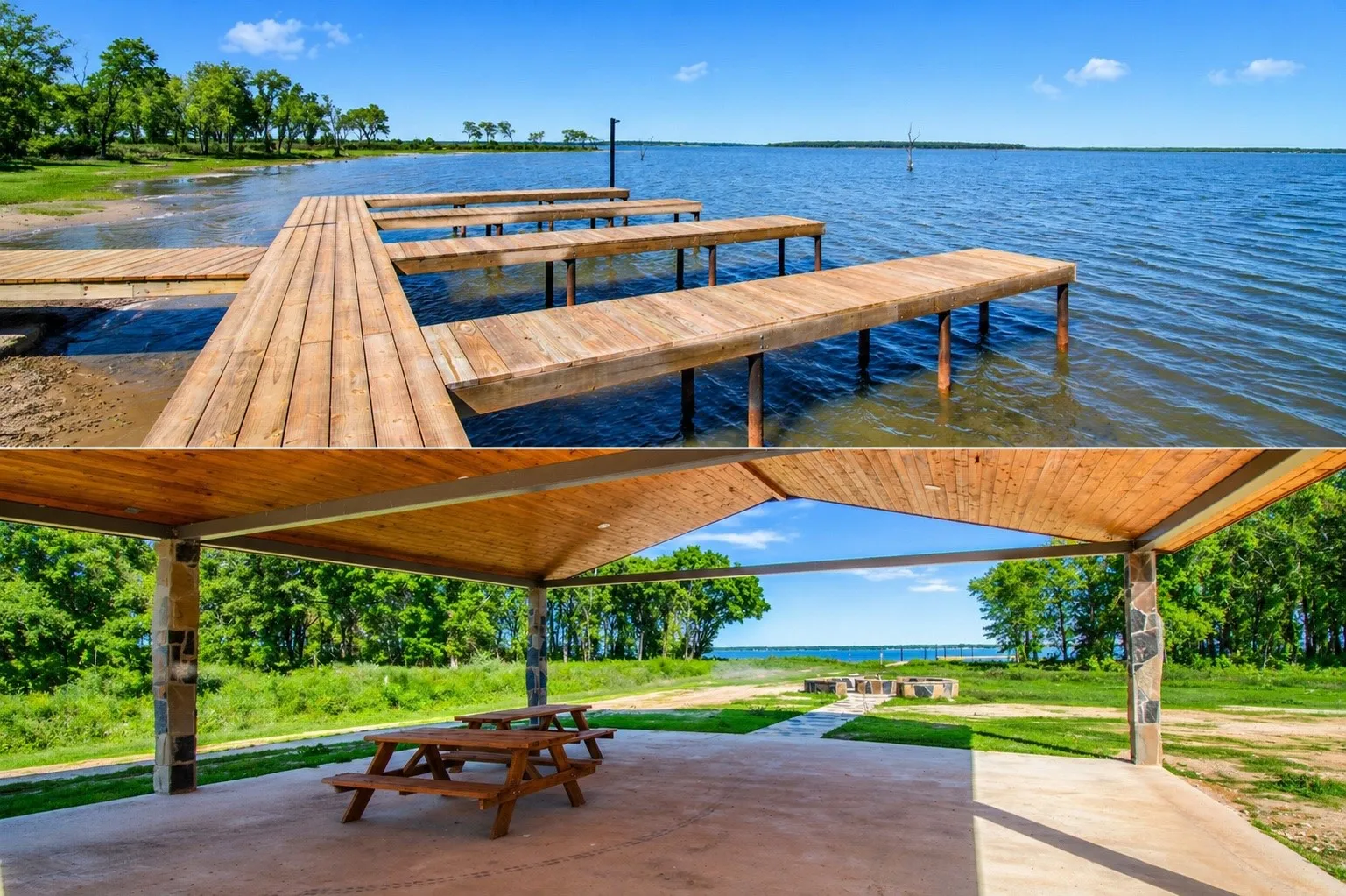 Community pavilion, firepit gathering area, and waterfront dock create additional places to enjoy Cedar Creek Lake.