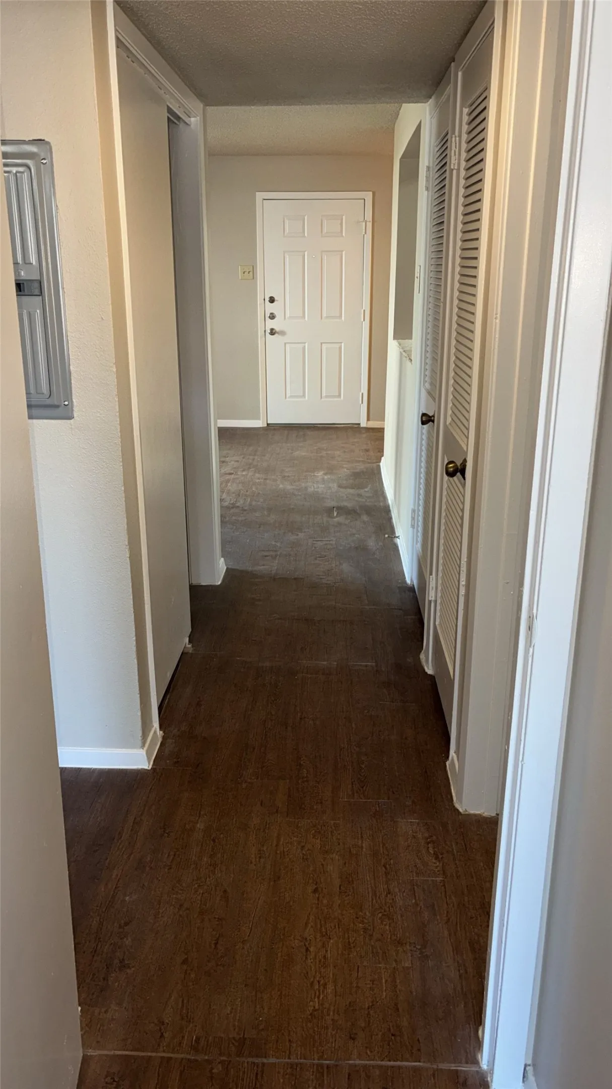 Wood-finish flooring throughout the hallway