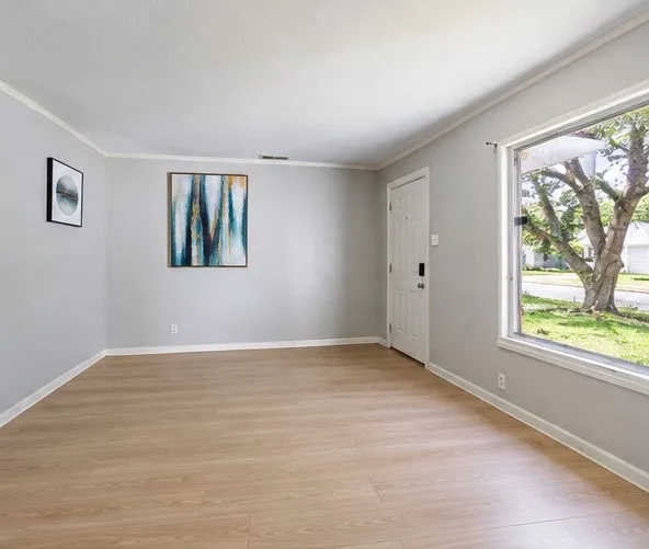 Light wood-finish flooring, white trim, and light gray wall paint