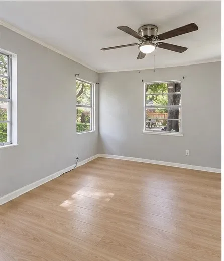 Wood-finish flooring, light gray walls, and crown molding