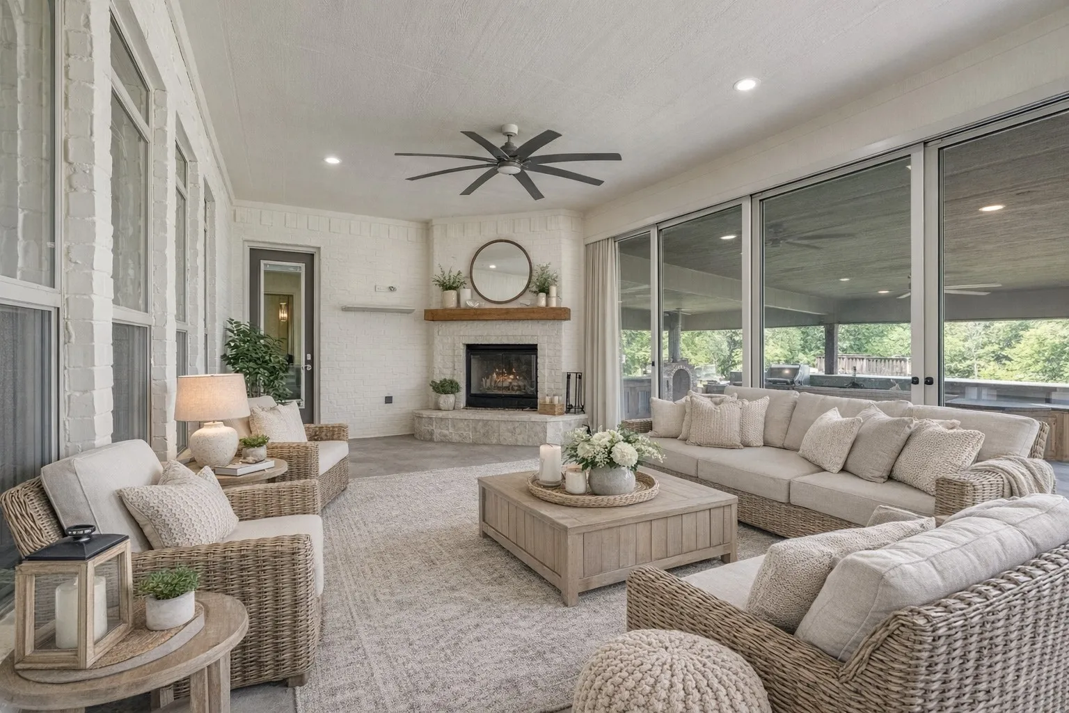 Sunroom with fireplace and custom sliding doors.