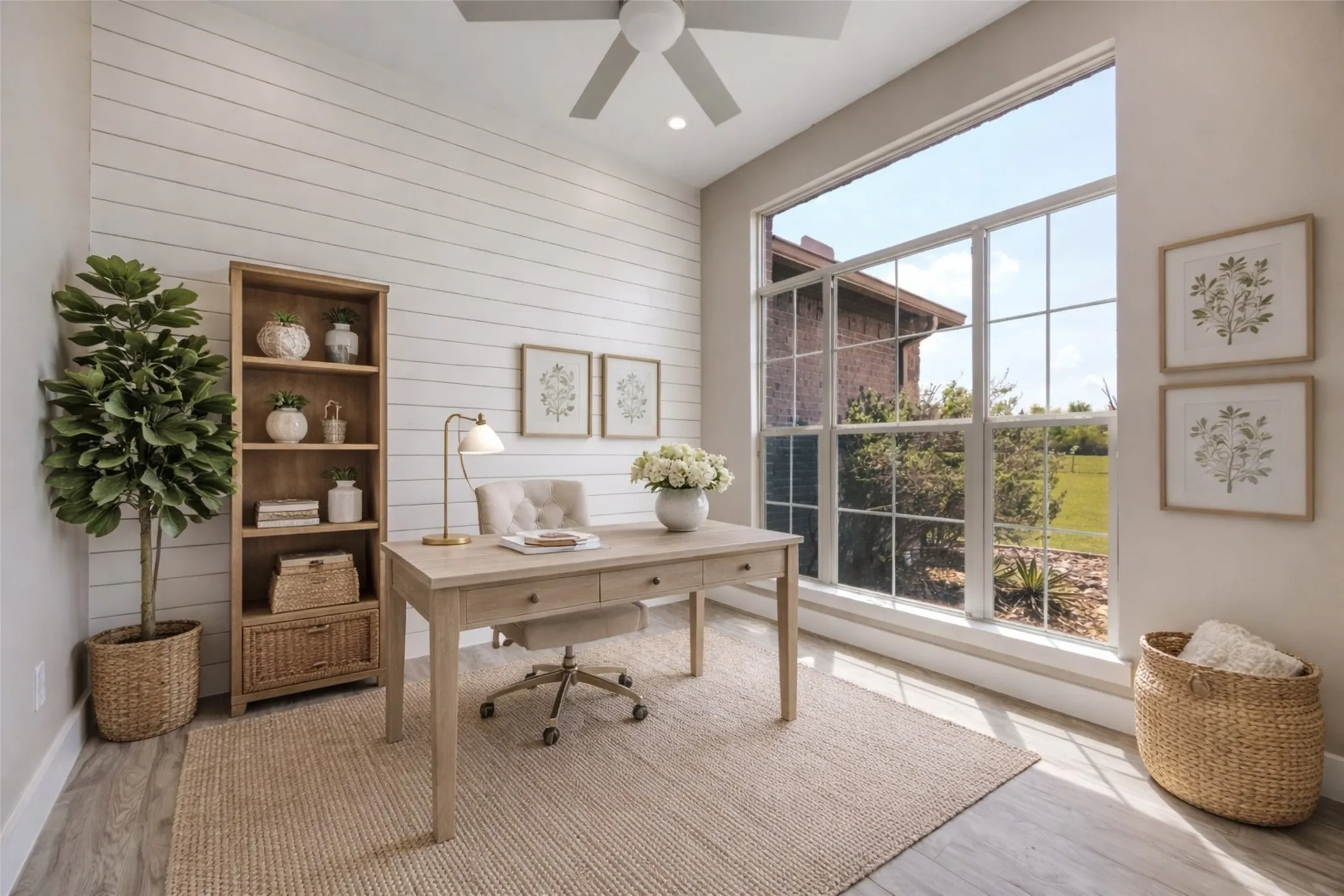 Office with vaulted ceilings.