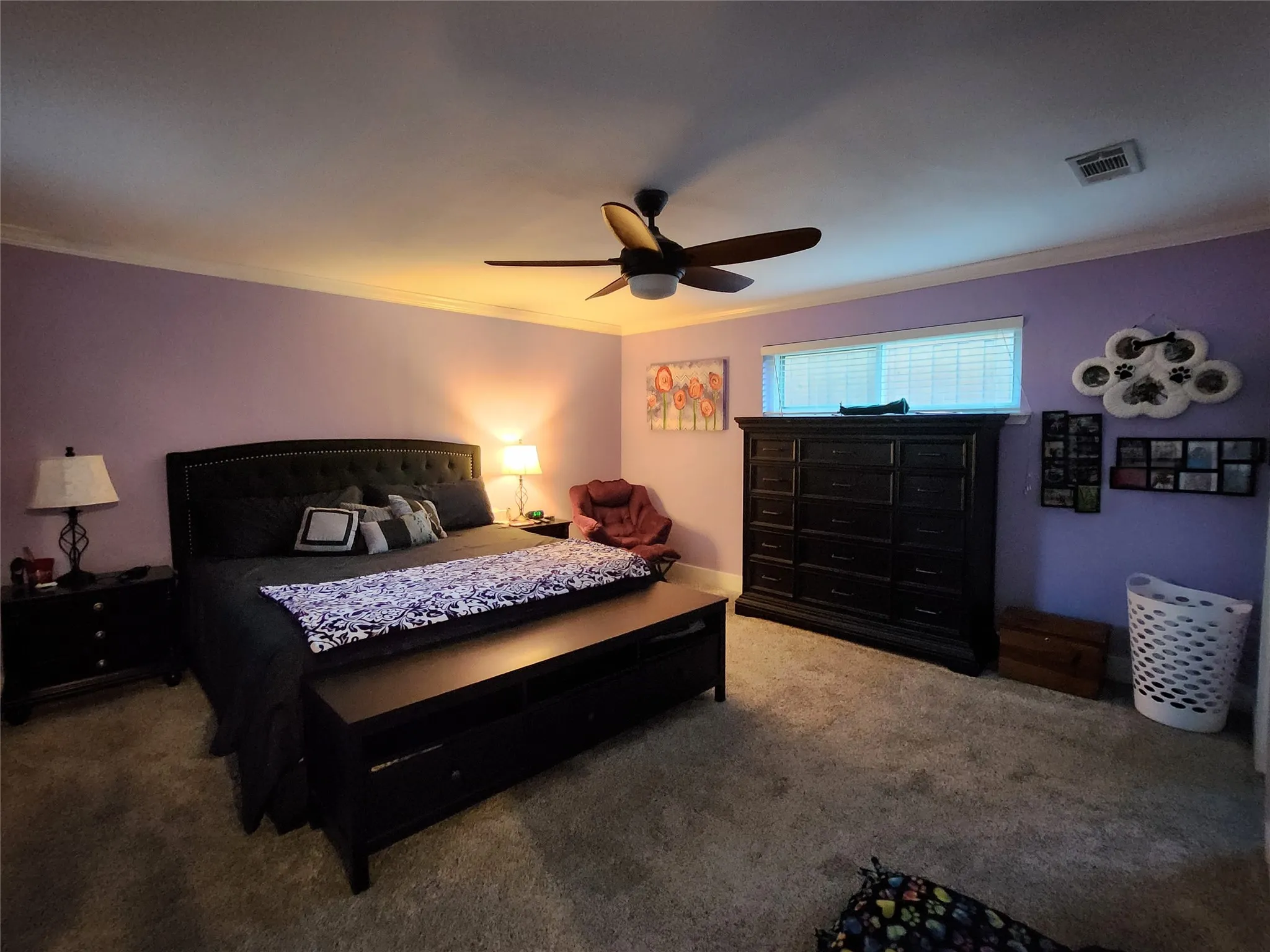 Carpeted interior room featuring a ceiling fan with integrated lighting, crown molding, and a horizontal window with blinds