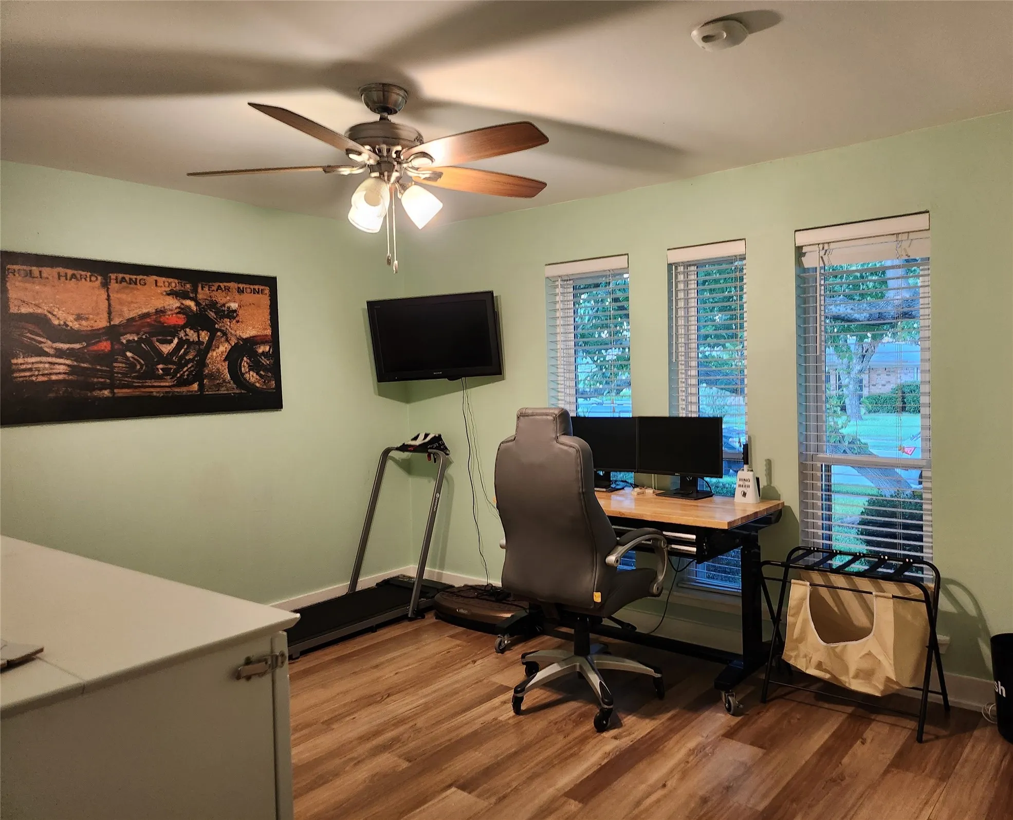 Room featuring wood-finish flooring, a ceiling fan with integrated lighting, and light green wall paint