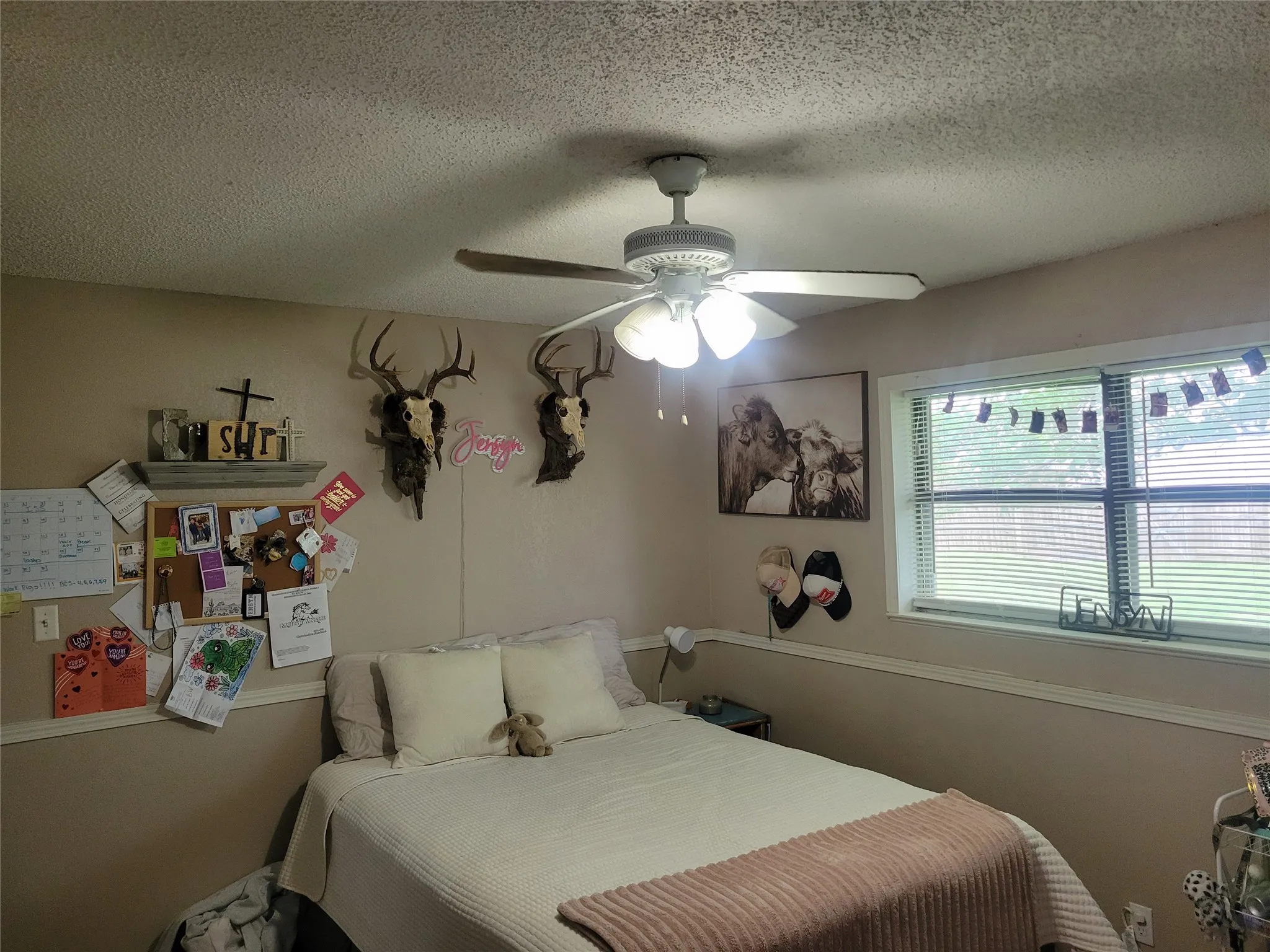 Neutral-toned room featuring a ceiling fan with integrated lighting, a window with horizontal blinds, and a built-in wall shelf