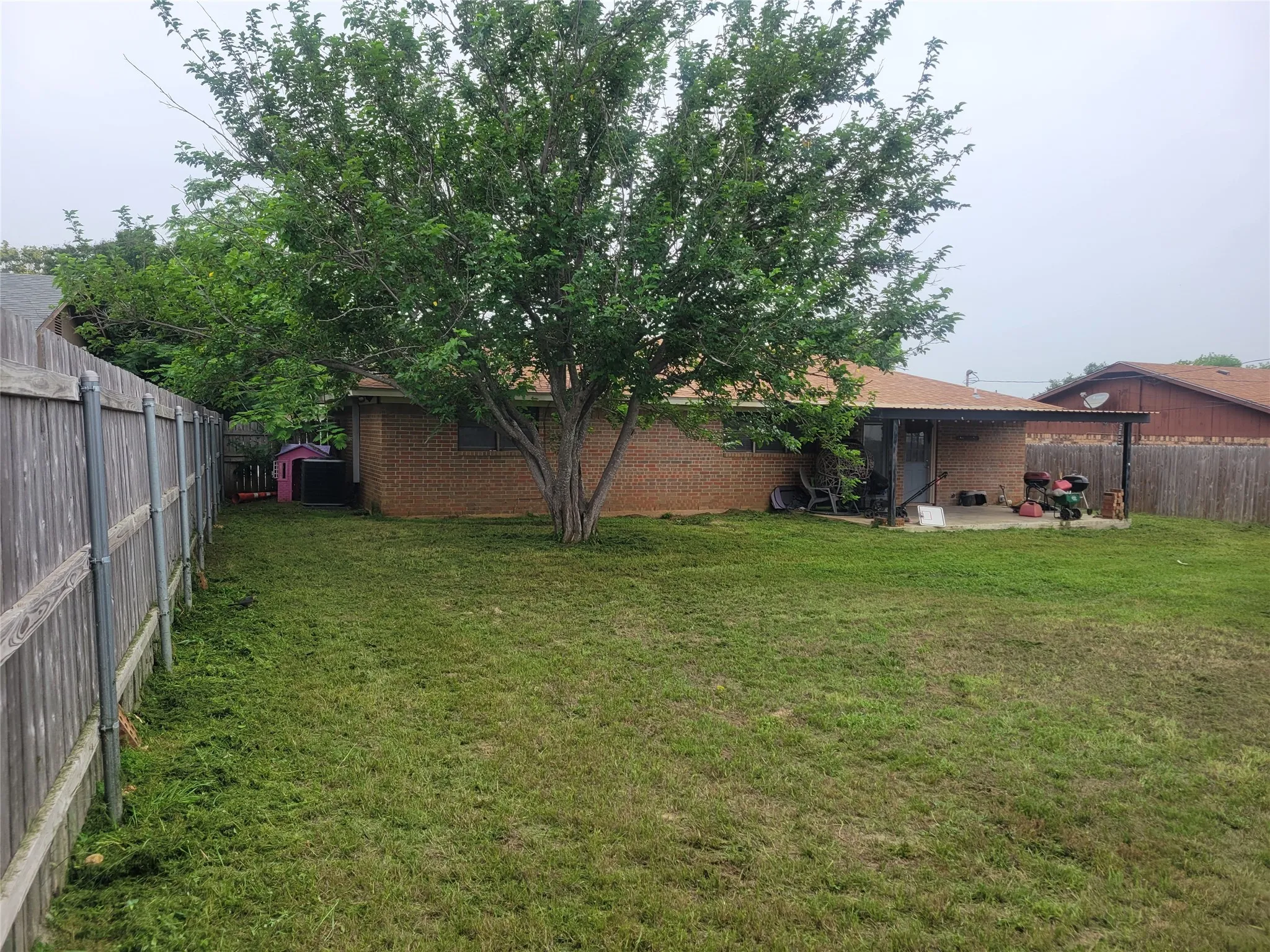 Expansive backyard featuring a mature tree, privacy fencing, and a covered concrete patio
