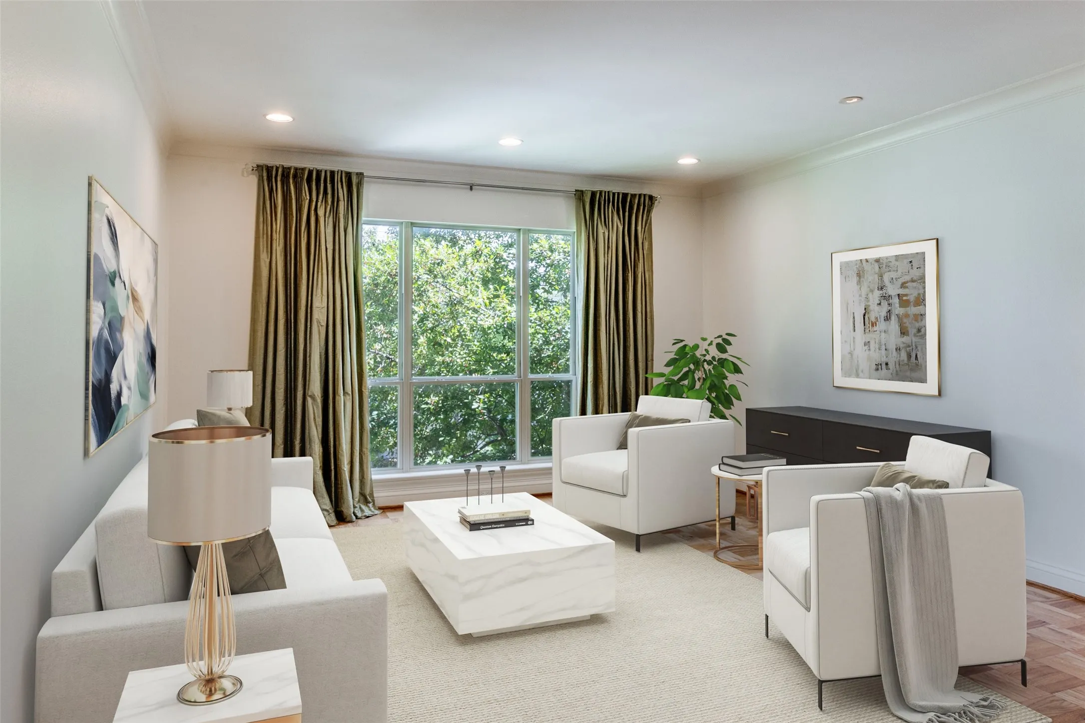 Spacious living room with beautiful wood floors.
