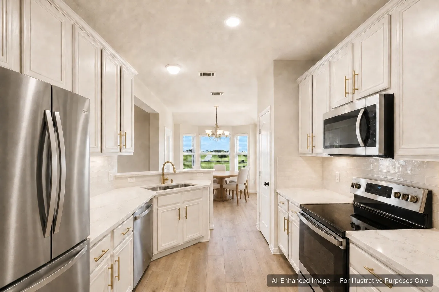 AI generated photo of what kitchen could look like with painted cabinets and granite counters.