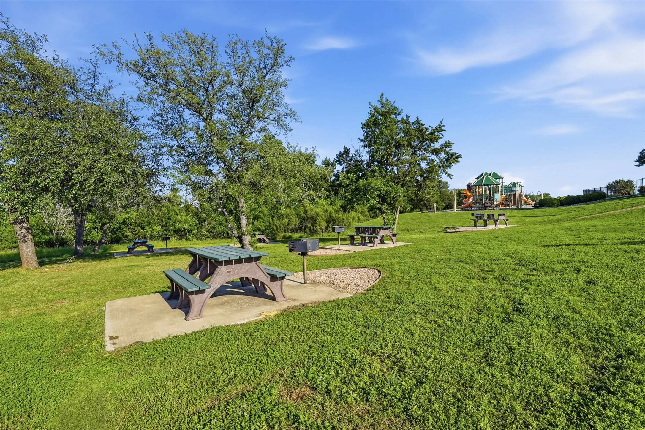 Community parkland featuring multiple picnic tables and charcoal grills, surrounded by mature trees and a playground.
