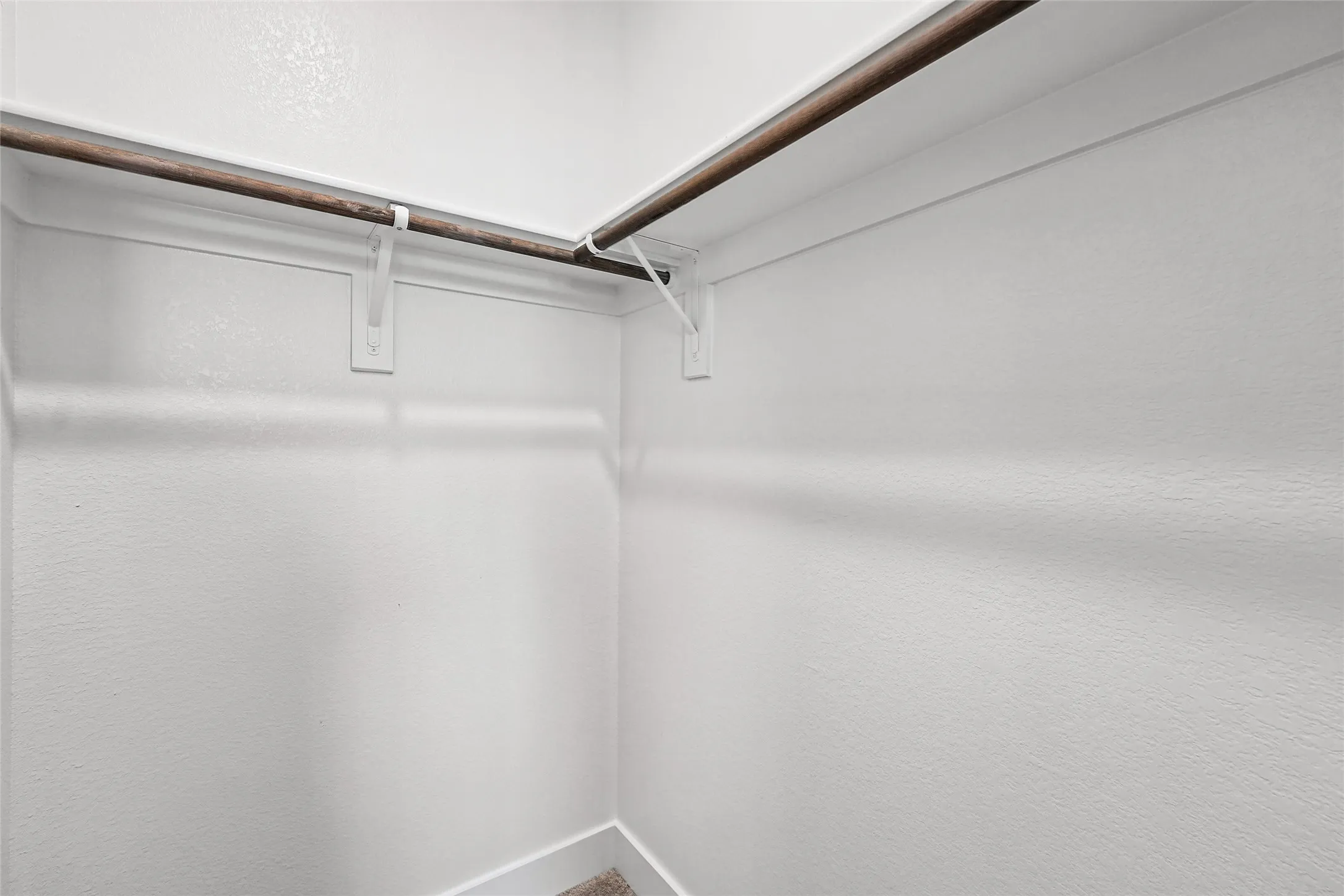 Storage closet featuring upper shelving, metal hanging rods, and carpet flooring