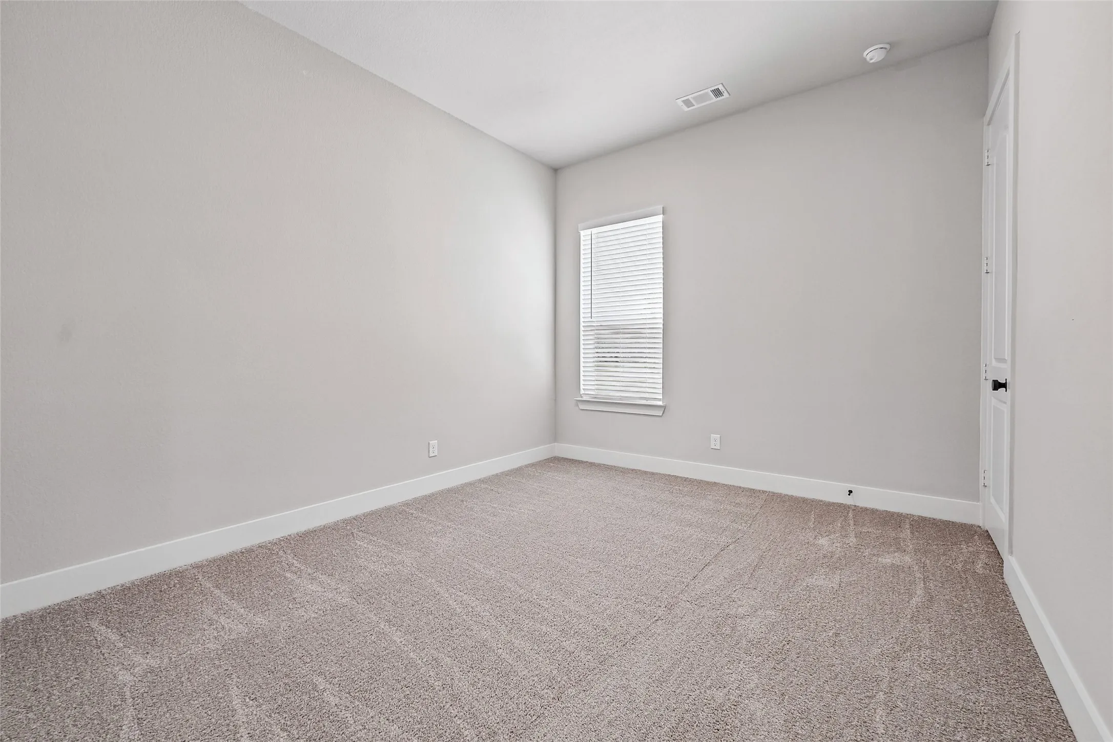 Neutral-toned carpeting with white trim, a single window with blinds, and light-colored walls