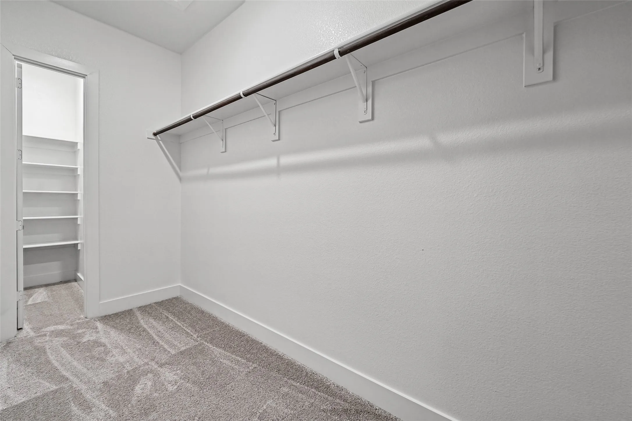 Built-in shelving, hanging rod, carpet flooring, and white walls