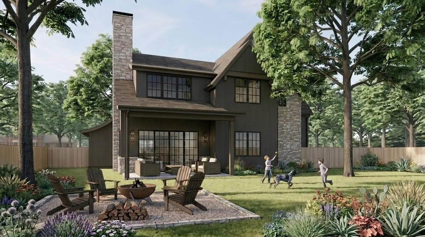 Expansive rear yard featuring a large covered patio with outdoor seating, a fire pit area with Adirondack chairs, a stone-clad chimney, and mature perimeter trees