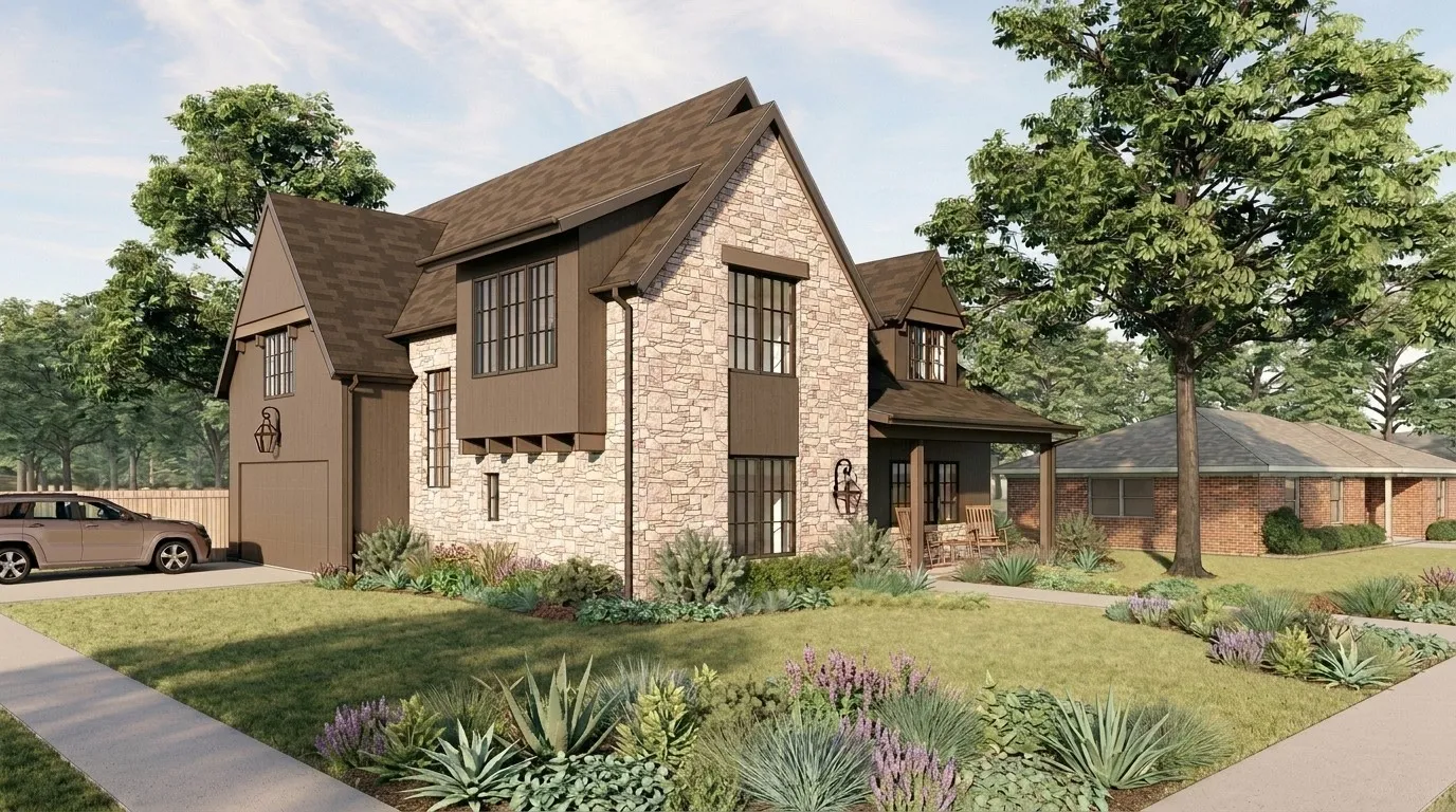 Stone and siding exterior with a gabled roofline and architectural window details