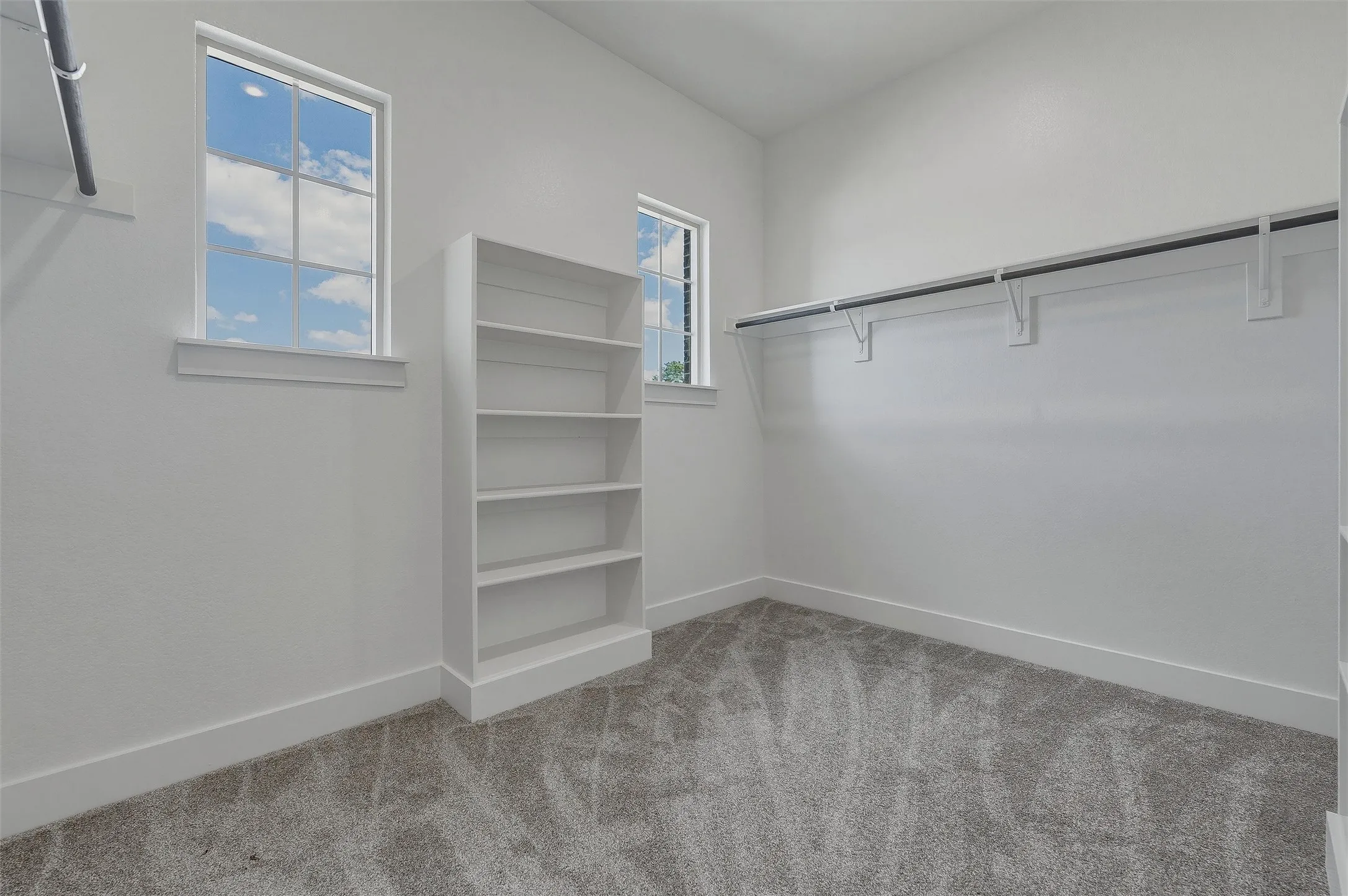 Built-in shelving, two windows with gridded panes, wall-mounted hanging rods, and gray carpeting