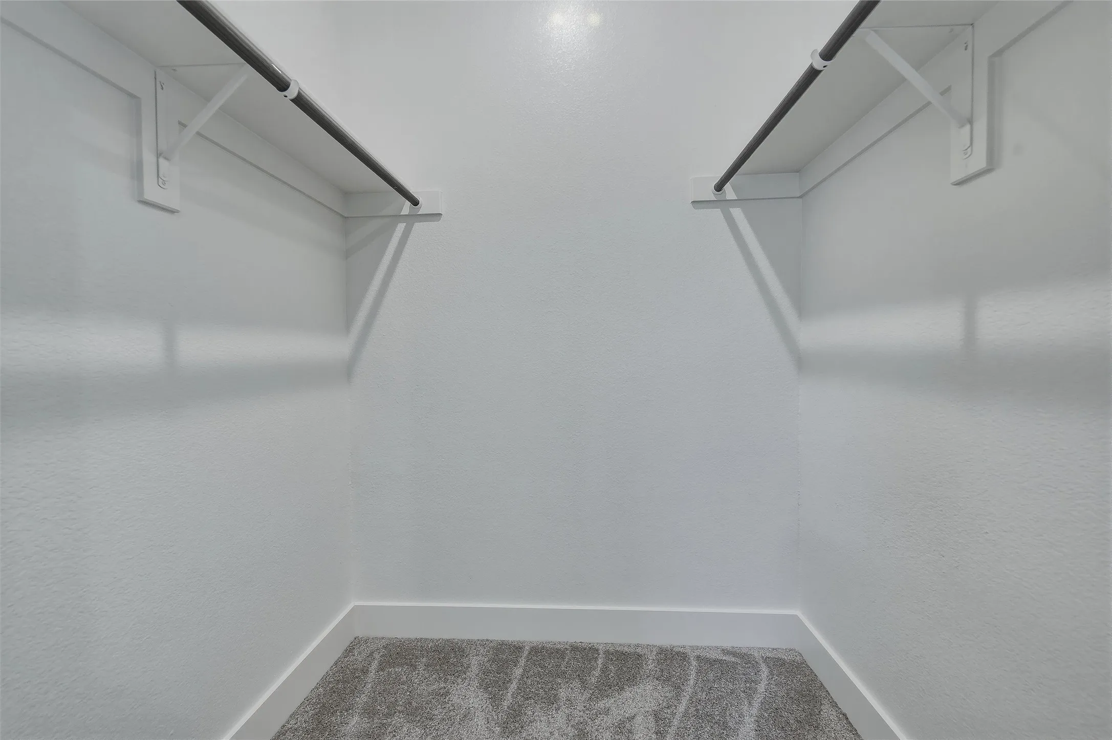 Built-in closet shelving with hanging rods and neutral carpeting