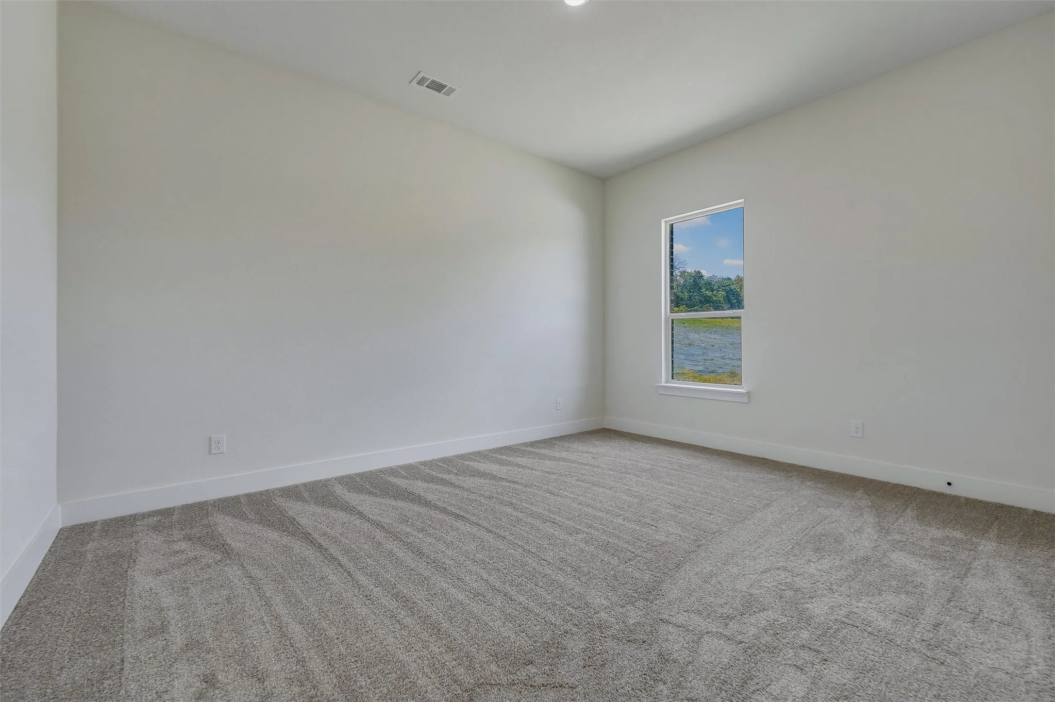 Wall-to-wall carpeting in a neutral tone, white walls, and a window with a water and tree backdrop