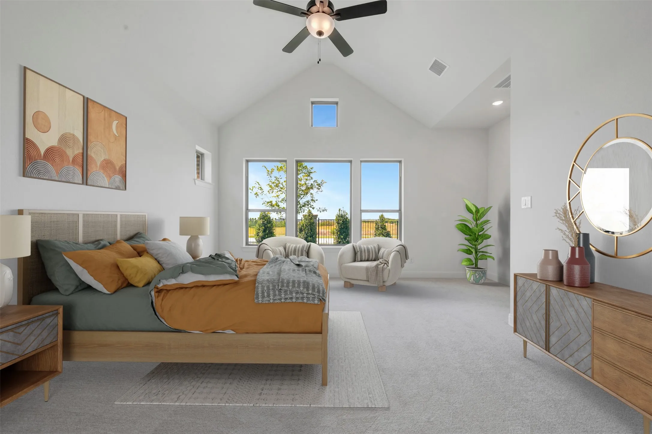 Vaulted ceiling with ceiling fan, large windows, light gray carpeting, and light gray wall paint