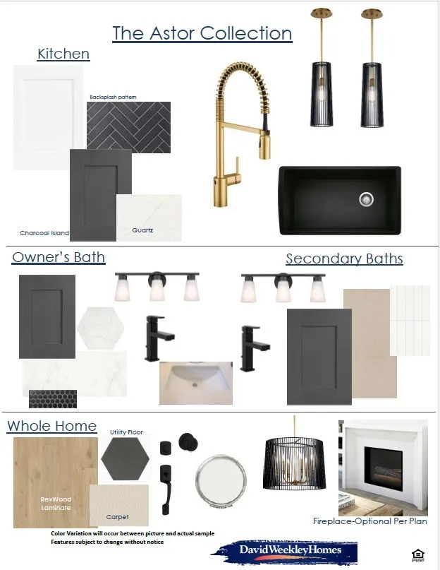 Design Selections. Outlining material and fixture choices for specific areas of the property