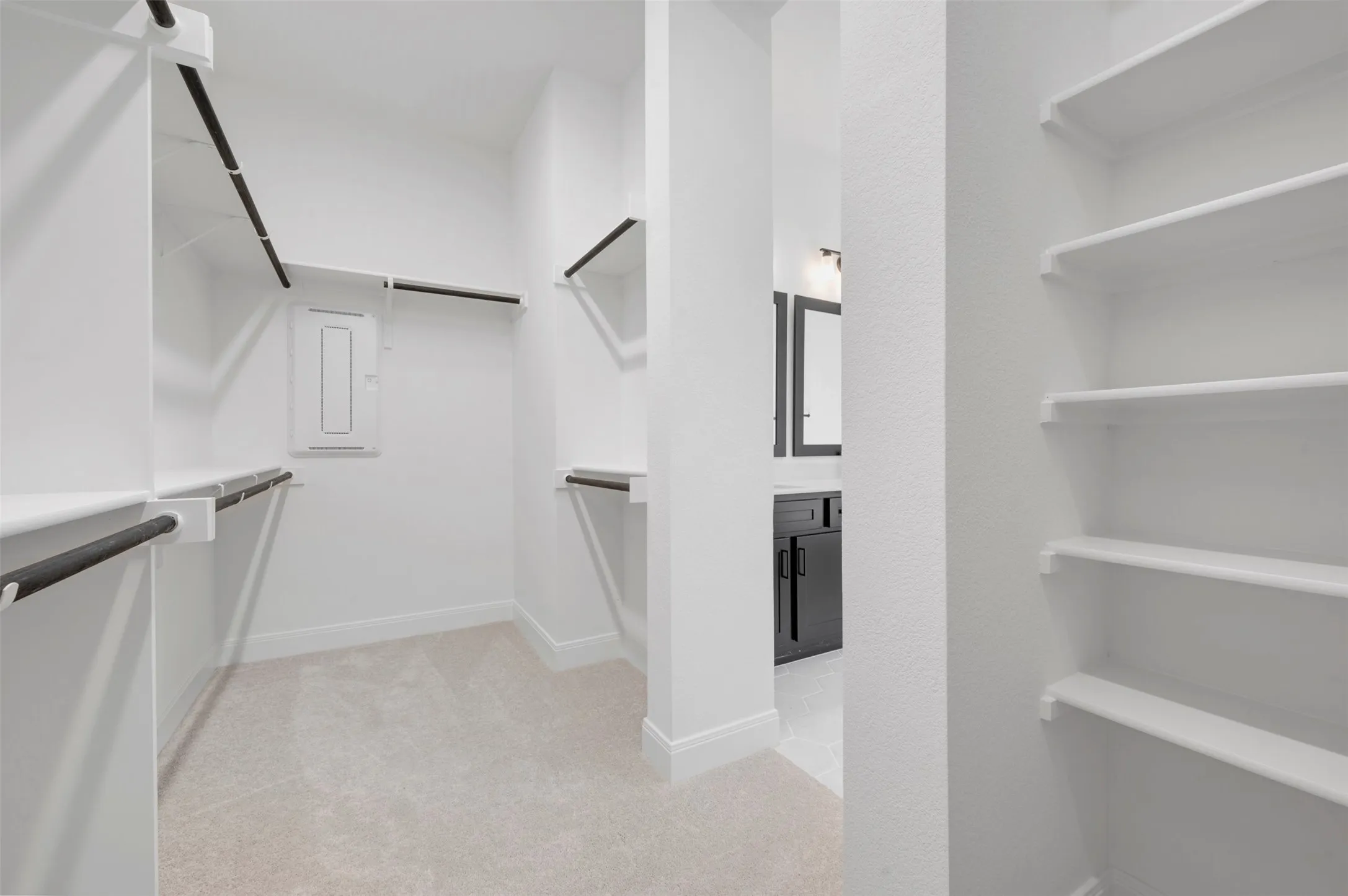 Walk-in closet with carpet flooring, multiple shelving units, and hanging rods