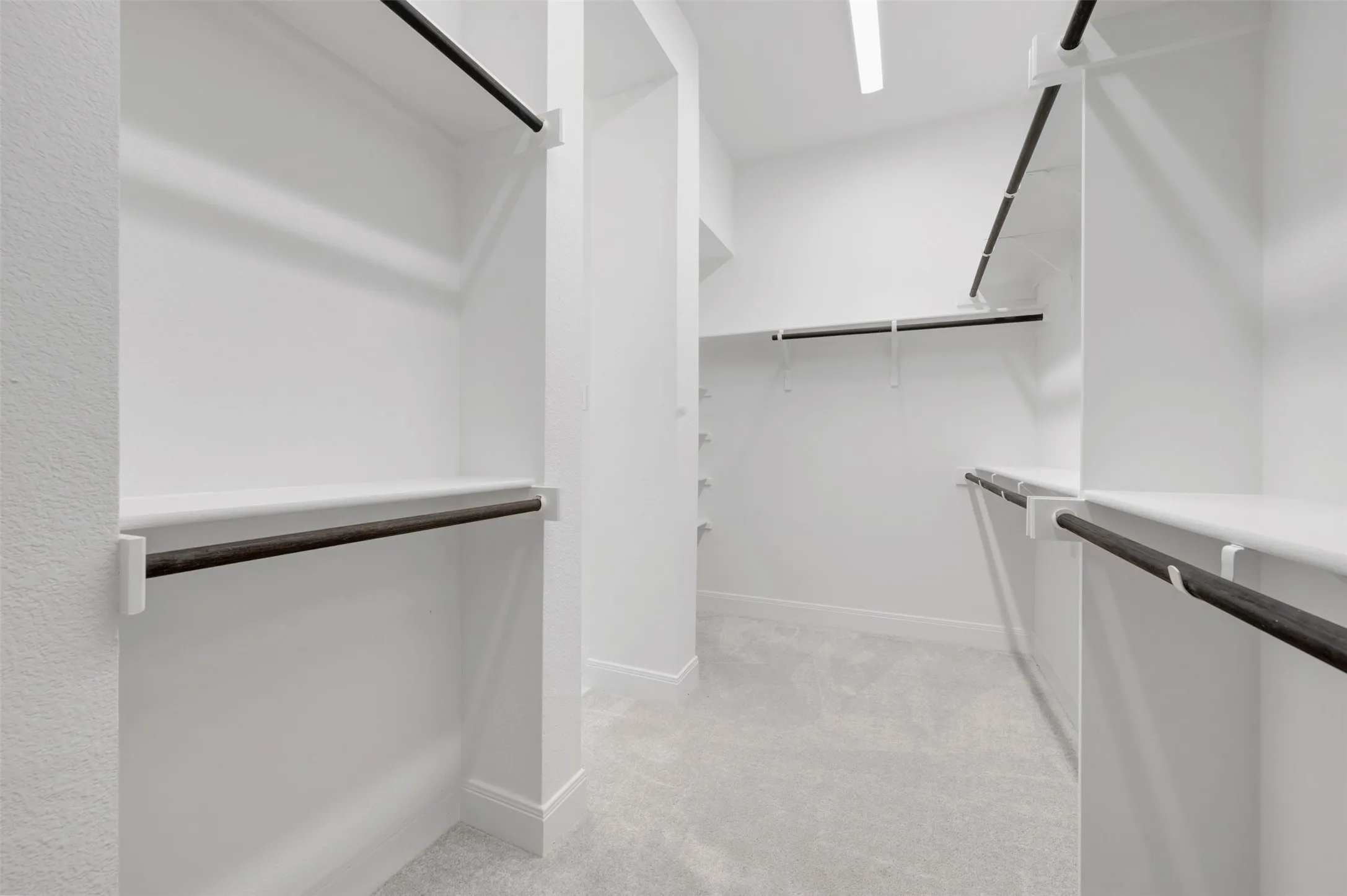 Walk-in closet with light gray carpeting, multiple white shelving units, and dark-finish clothing rods