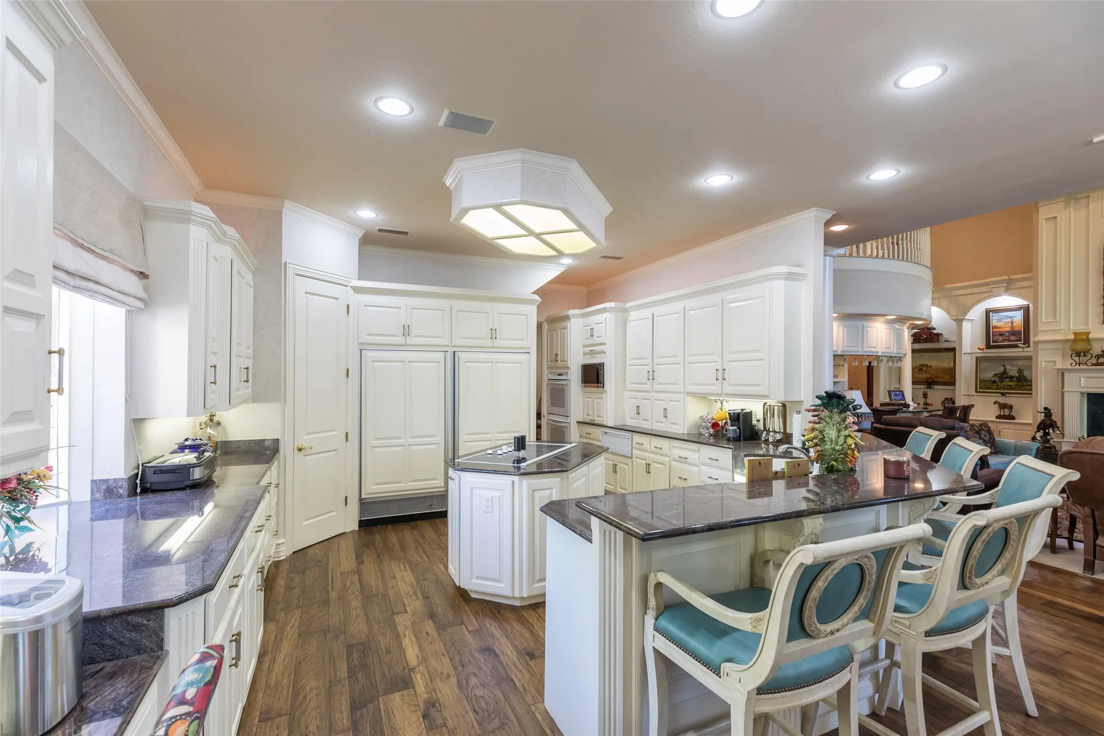 Gourmet kitchen.  Built in refrigerator, island, granite counters, warming drawer, under cabinet lighting, double oven!