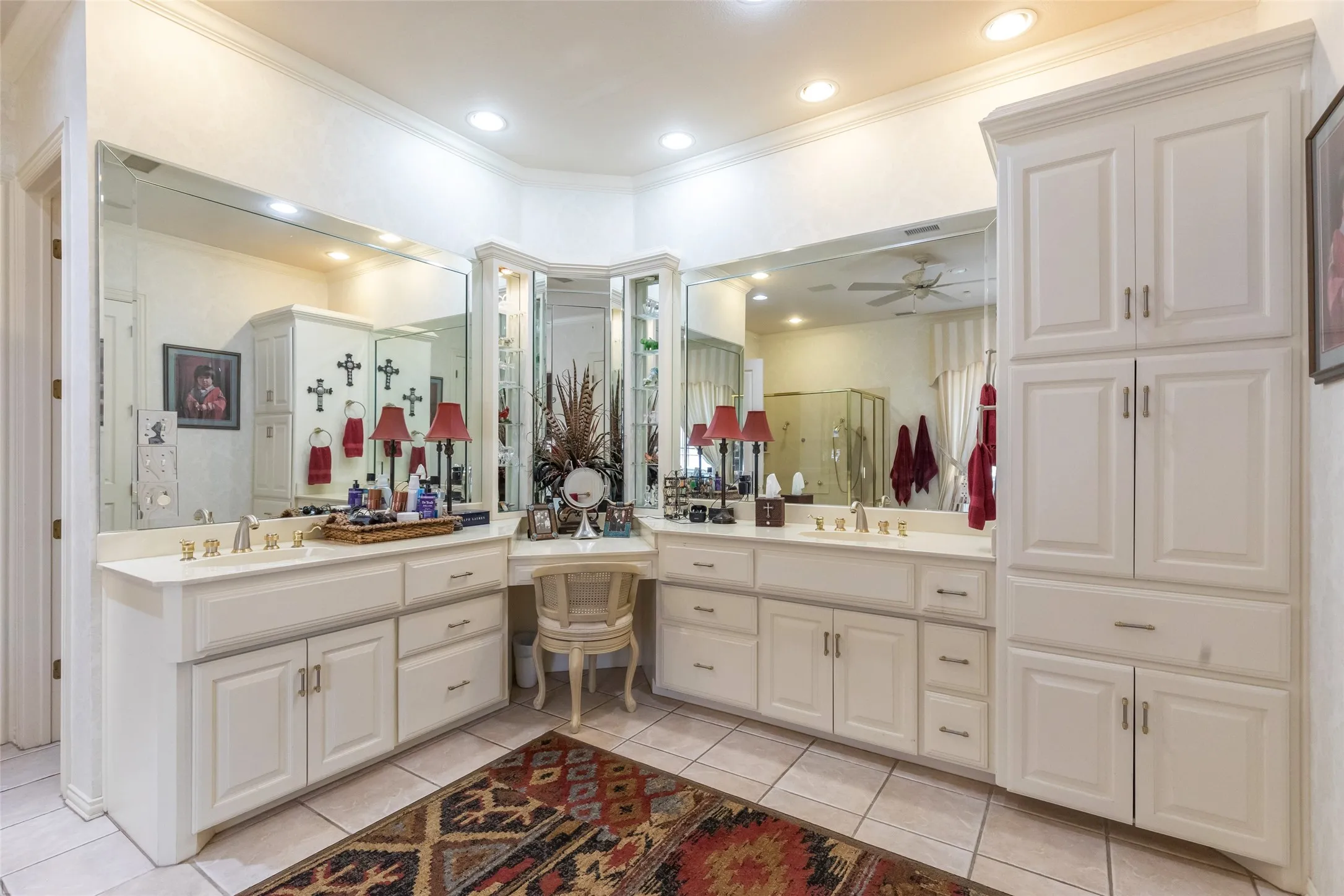 Oversized master bathroom. Double vanity.  Lots of custom cabinets.