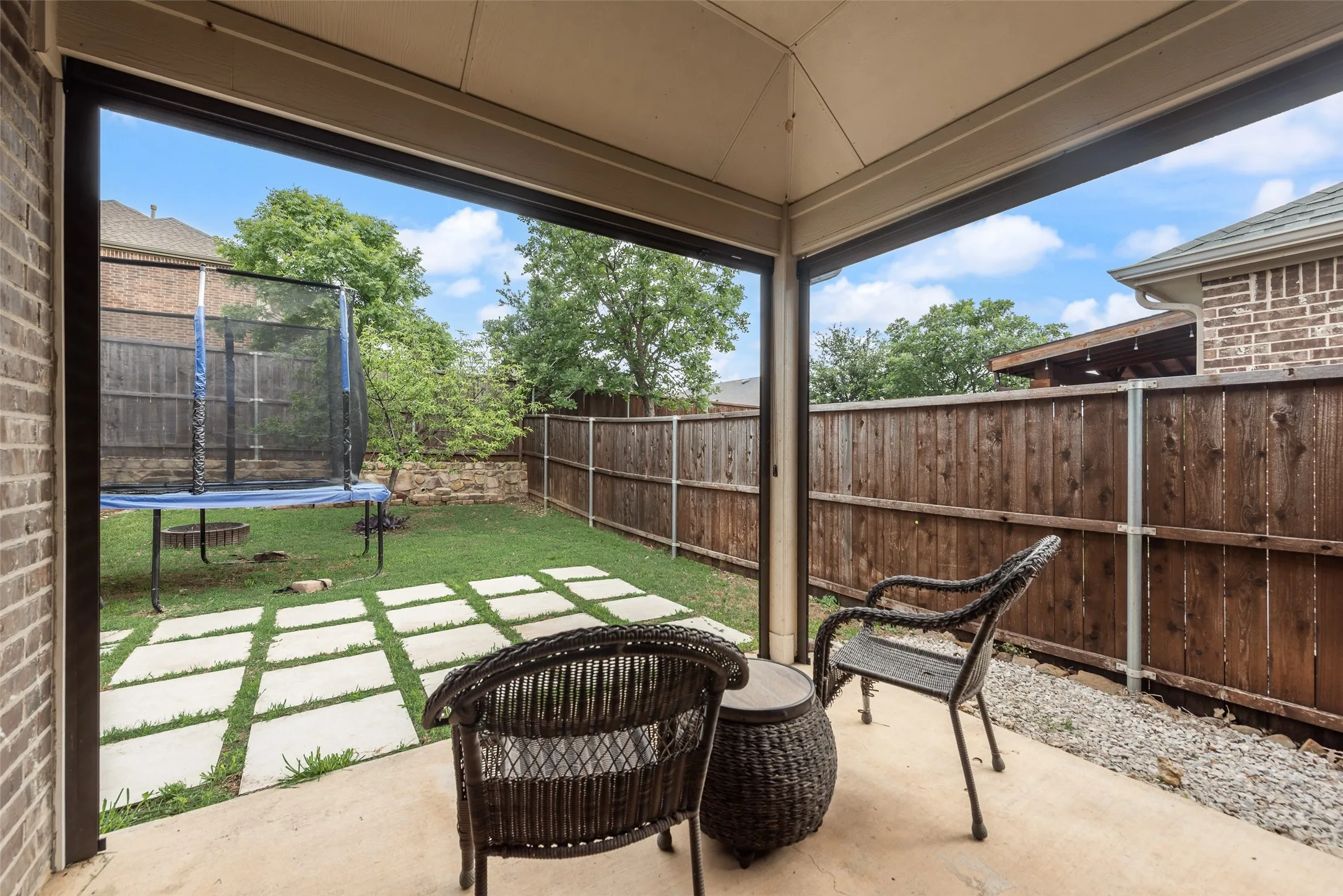 Backyard covered patio with drop down screens at 1432 Westview Ln in the Canyon Falls community in Northlake, TX