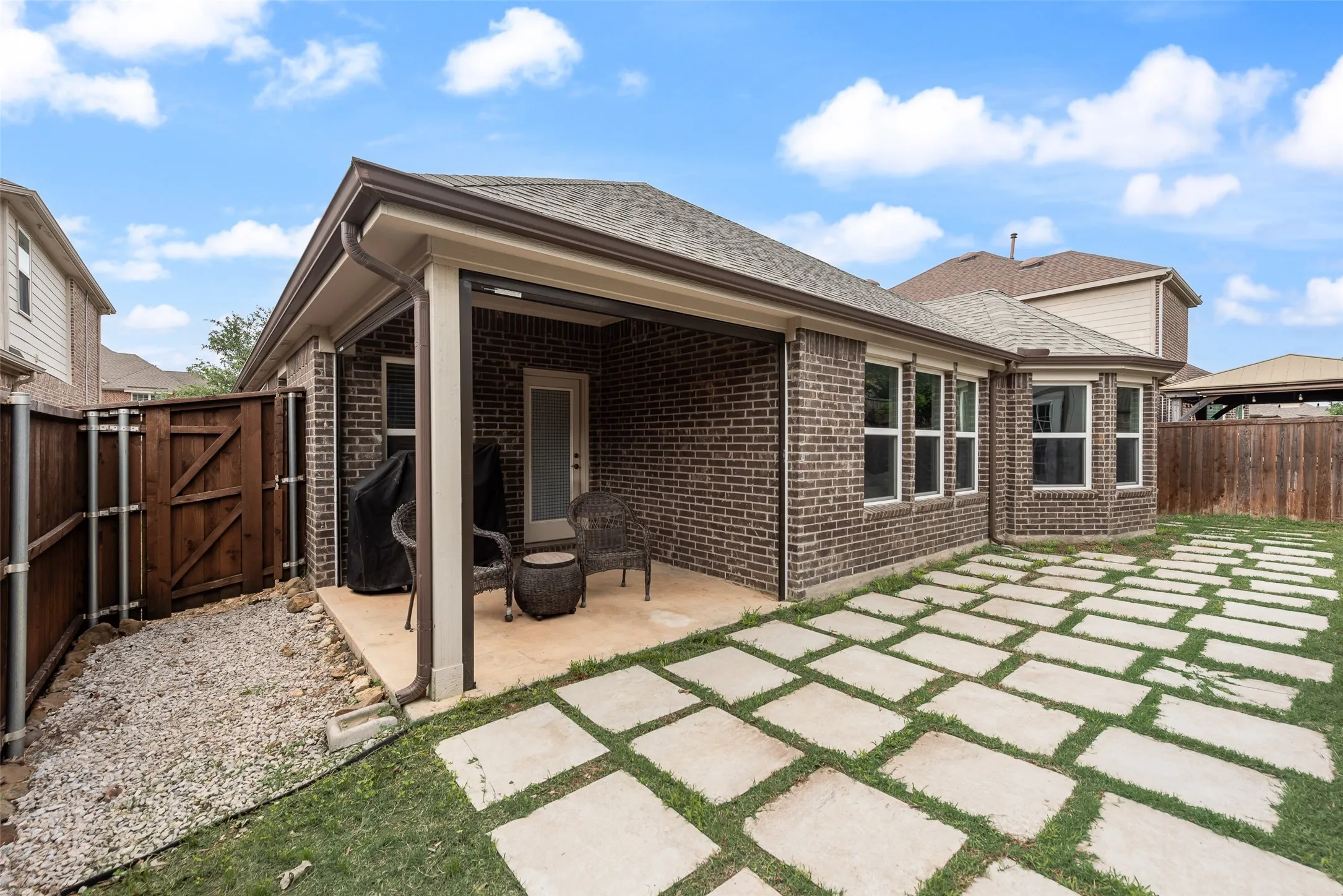 Backyard covered patio with drop down screens at 1432 Westview Ln in the Canyon Falls community in Northlake, TX