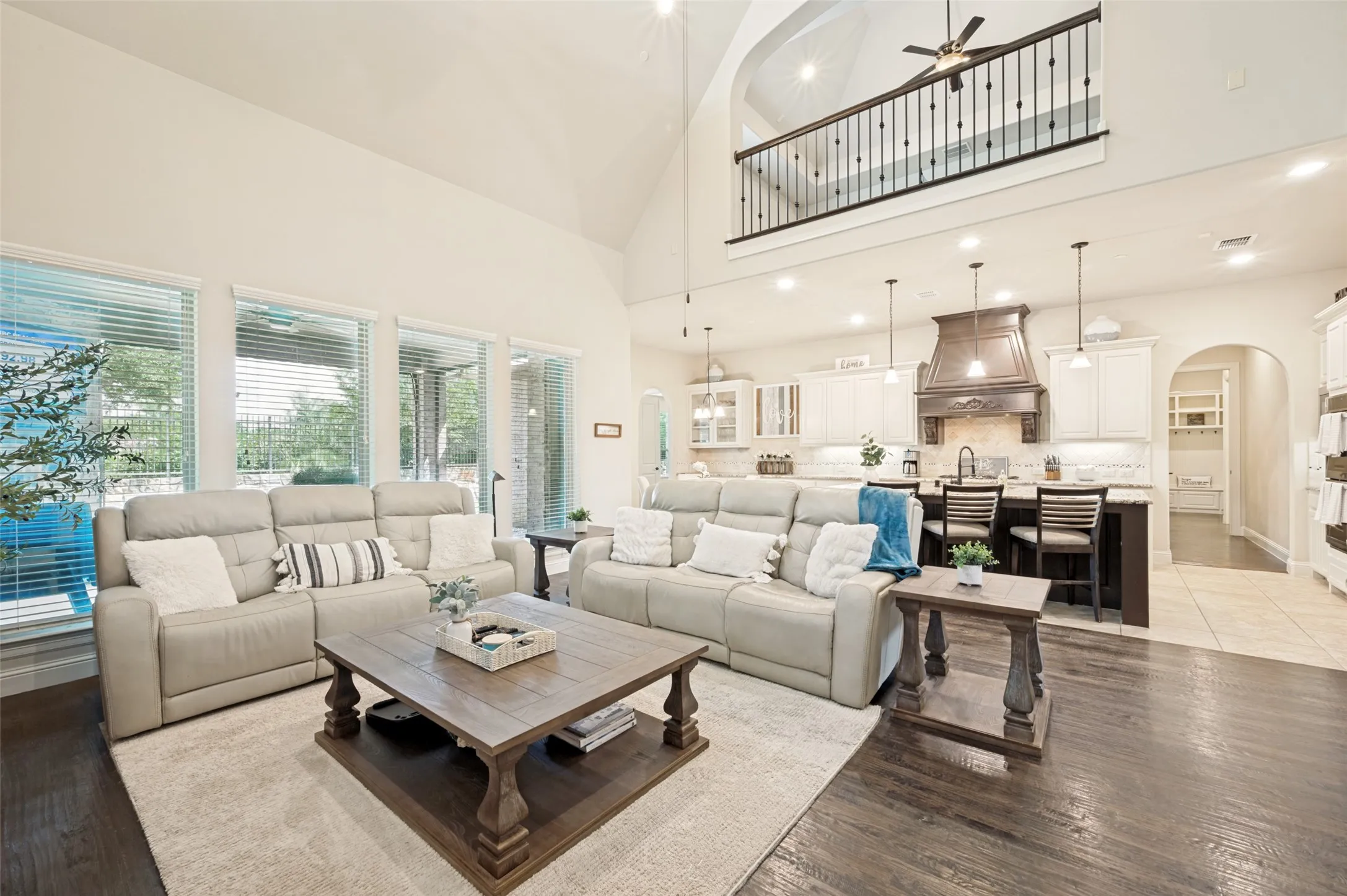 Family room with 30-foot ceiling