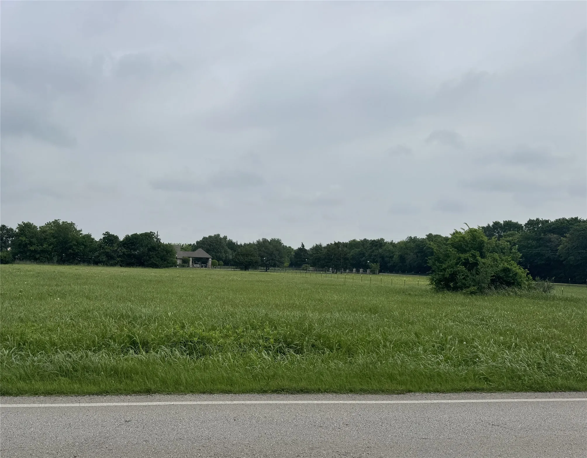 Expansive green field bordered by mature trees