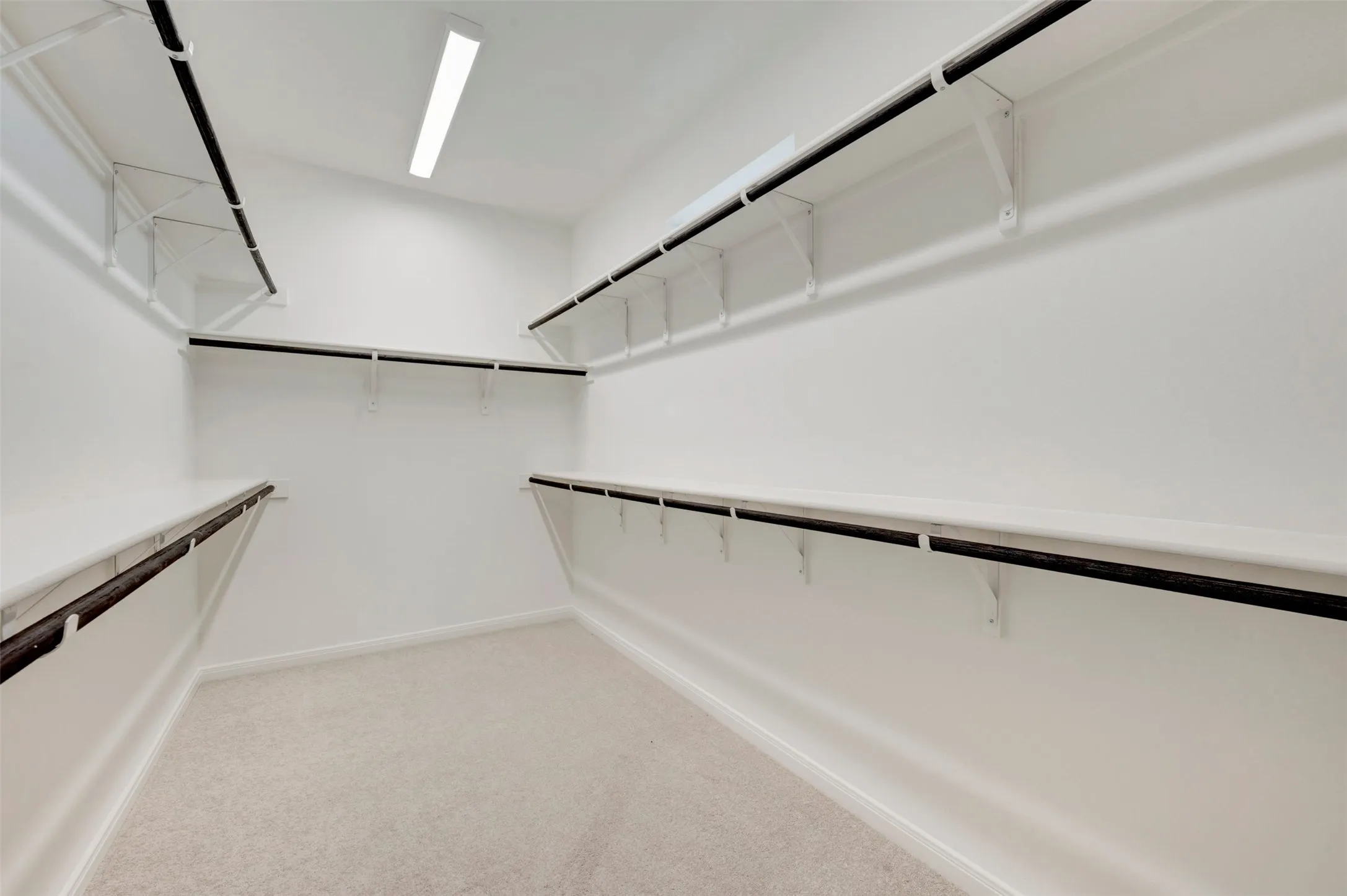 Walk-in closet featuring light-colored carpeting, multiple shelving units, and integrated hanging rods