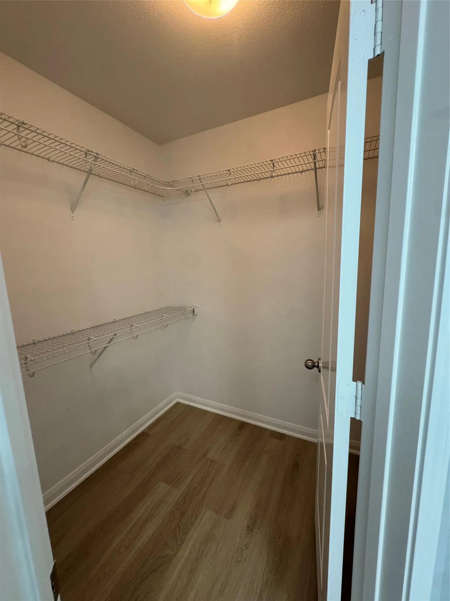 Walk-in closet featuring wire shelving, wood-finish flooring, white baseboards, and a semi-flush mount ceiling light