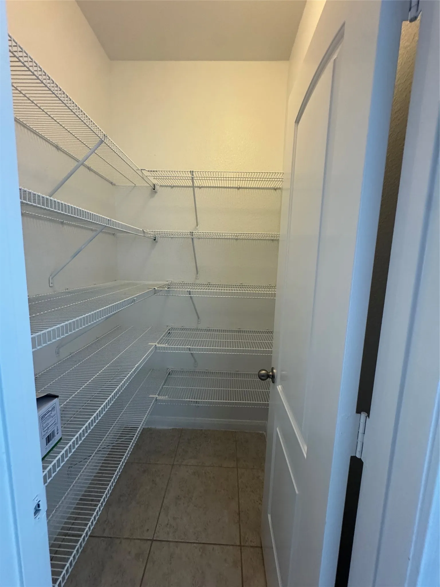 Walk-in pantry featuring extensive wire shelving, neutral wall paint, and tile flooring