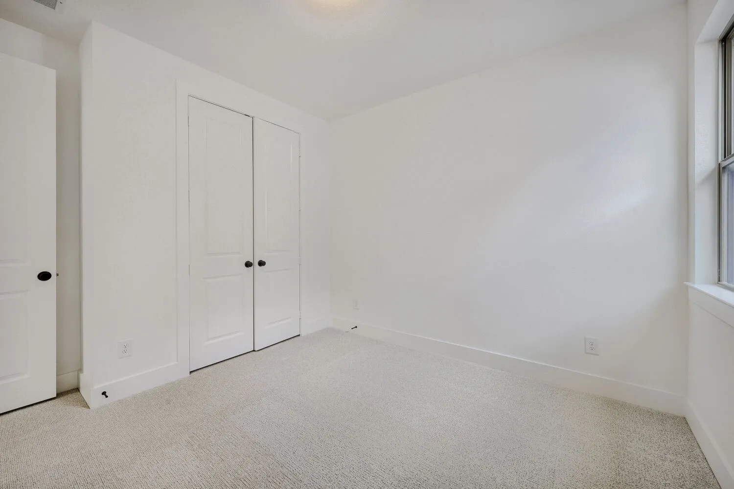 Bright interior room featuring light-toned carpeting, white walls, and a window with natural light