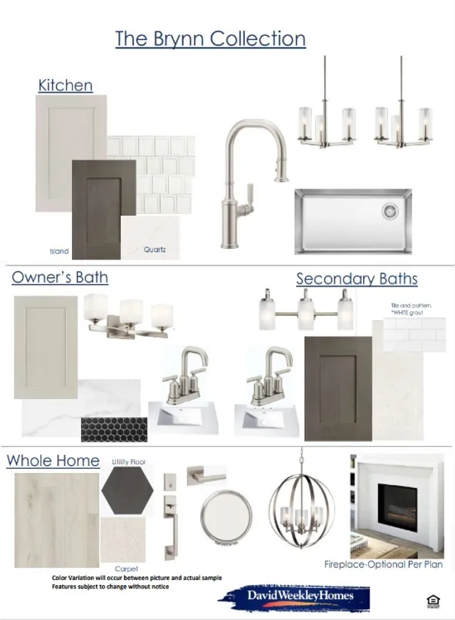 Material Selection Sheet. Presenting the specified finishes and fixtures for various areas of the property