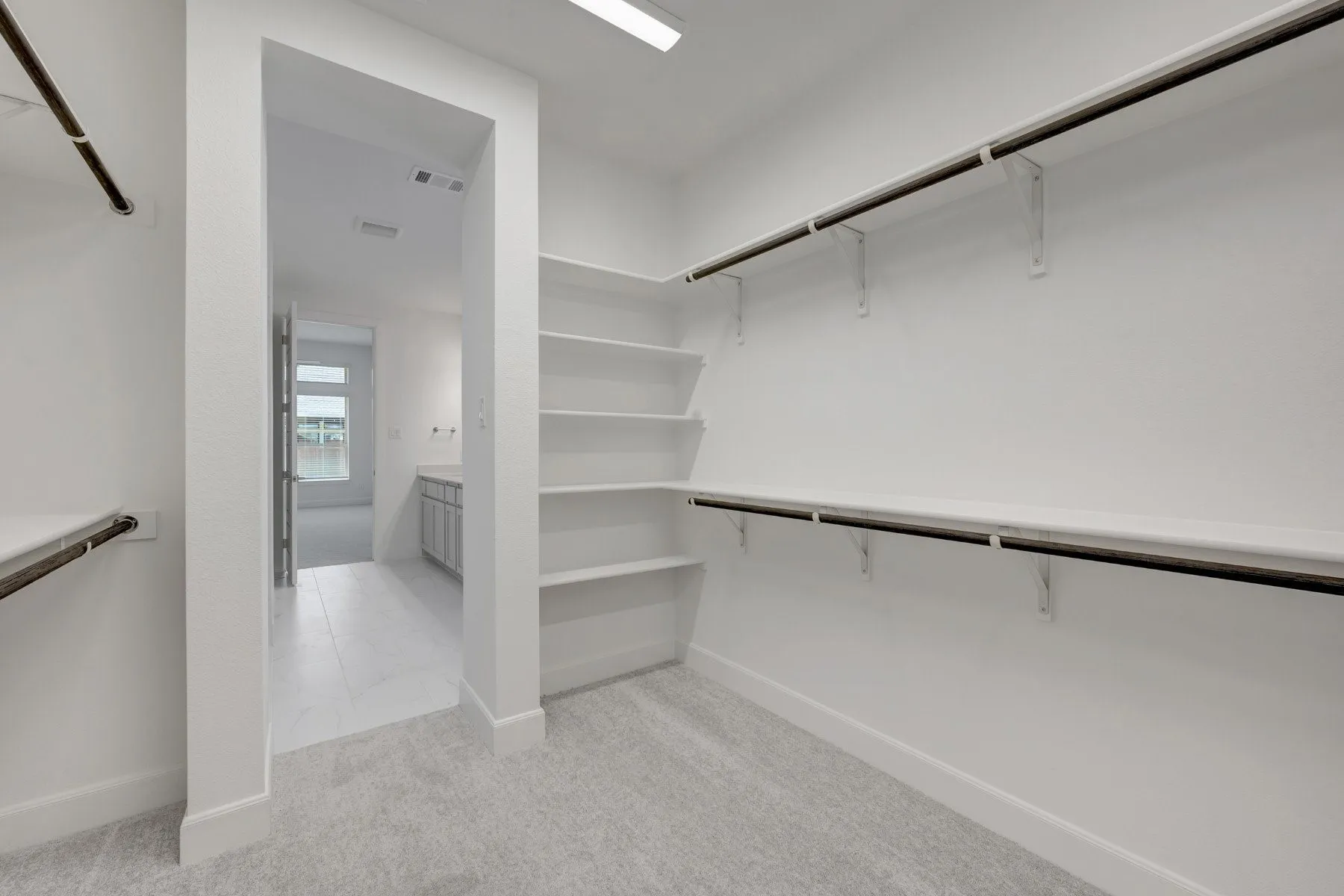 Walk-in closet featuring light gray carpet flooring, multiple hanging rods, and built-in shelving units
