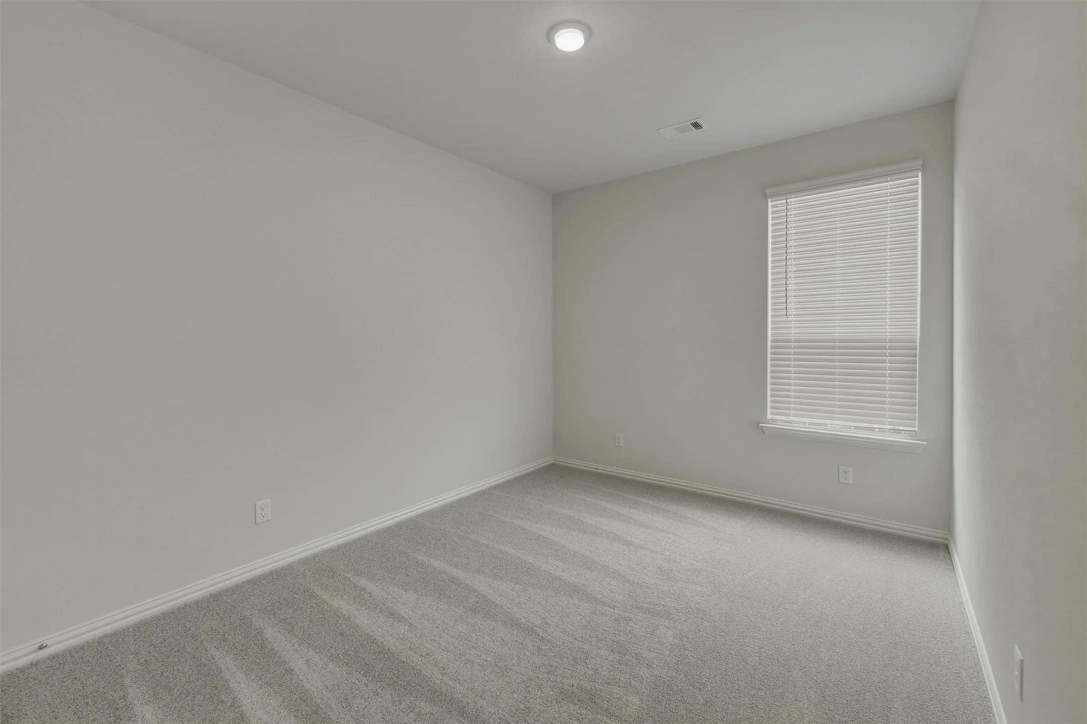 Neutral wall color with baseboard trim, light gray carpet, and a single window featuring horizontal blinds