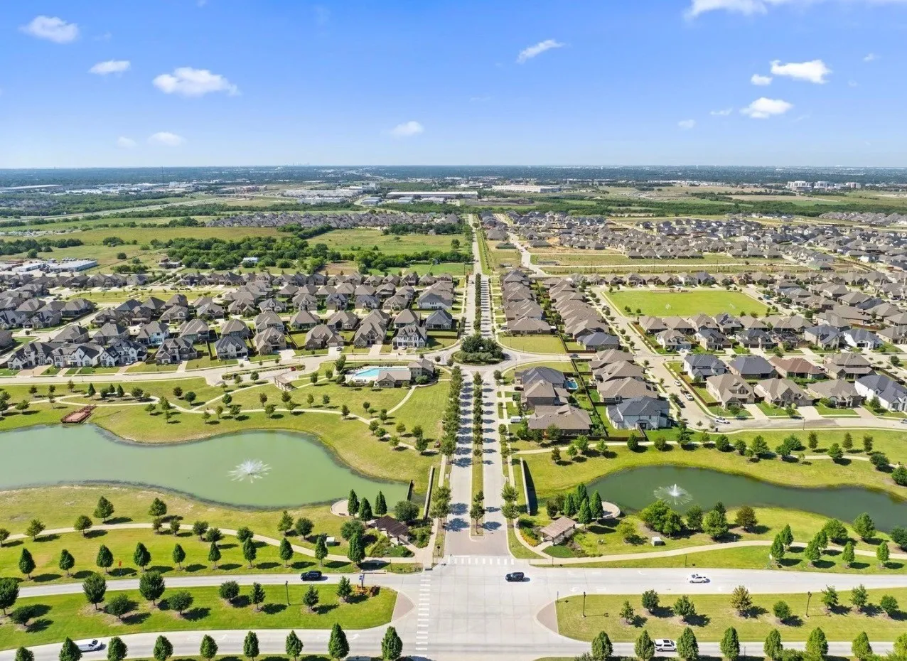 Aerial perspective showcasing a residential community with varied architectural styles