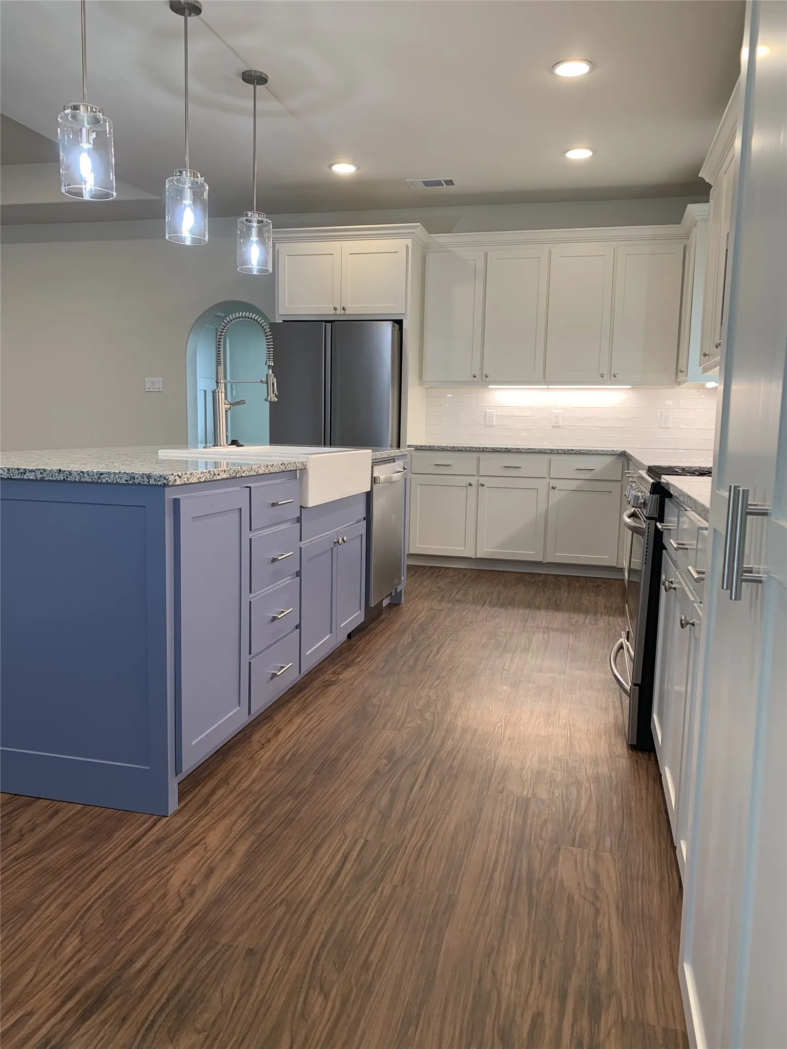 Kitchen featuring wood-finish flooring, white perimeter cabinetry, a blue-gray island with a farmhouse sink, stainless steel appliances, and recessed lighting