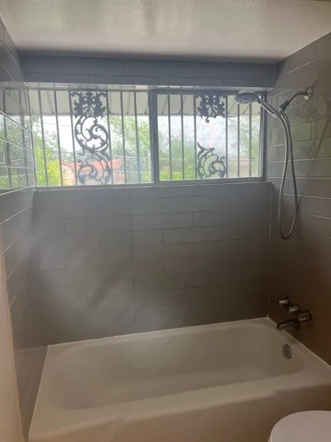 Bathtub with integrated shower, featuring a handheld showerhead and wall-mounted fixtures