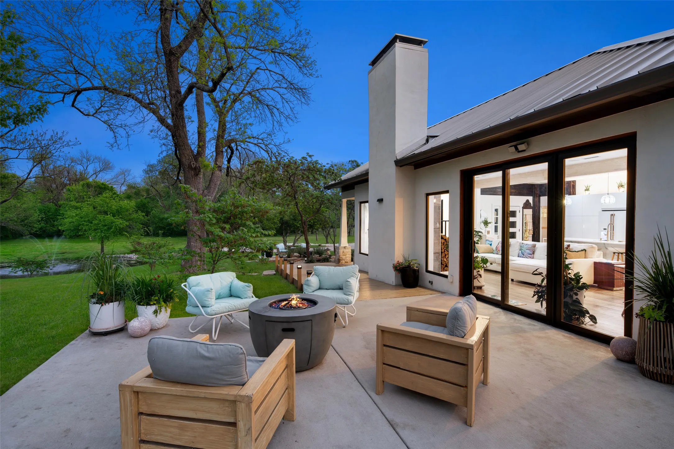 Firepit overlooks pond, creek, pasture and wooded views
