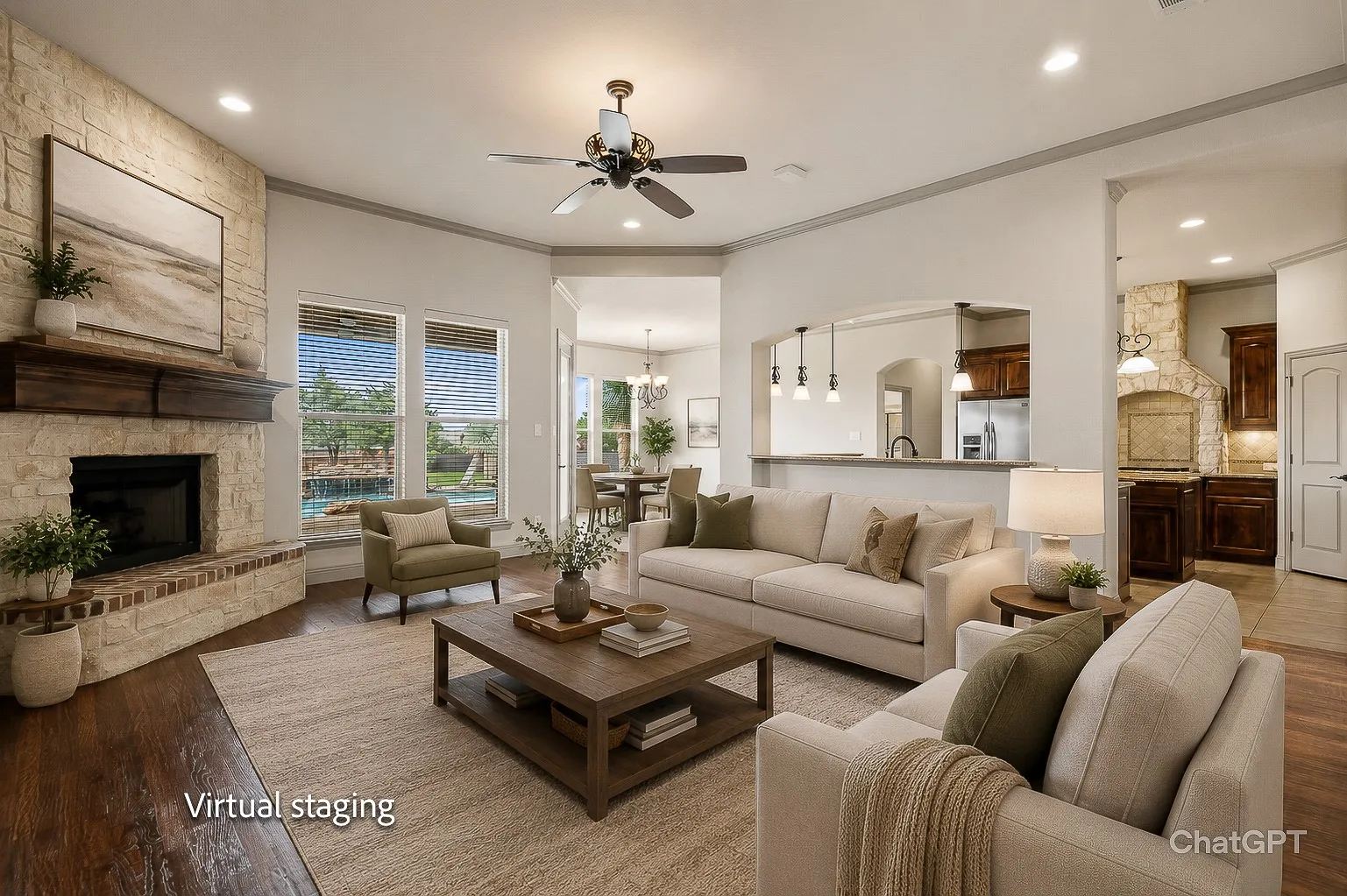 Virtually staged - Spacious living area featuring hardwood flooring, a stone-faced fireplace with a substantial wood mantel, and multiple windows overlooking an outdoor pool area