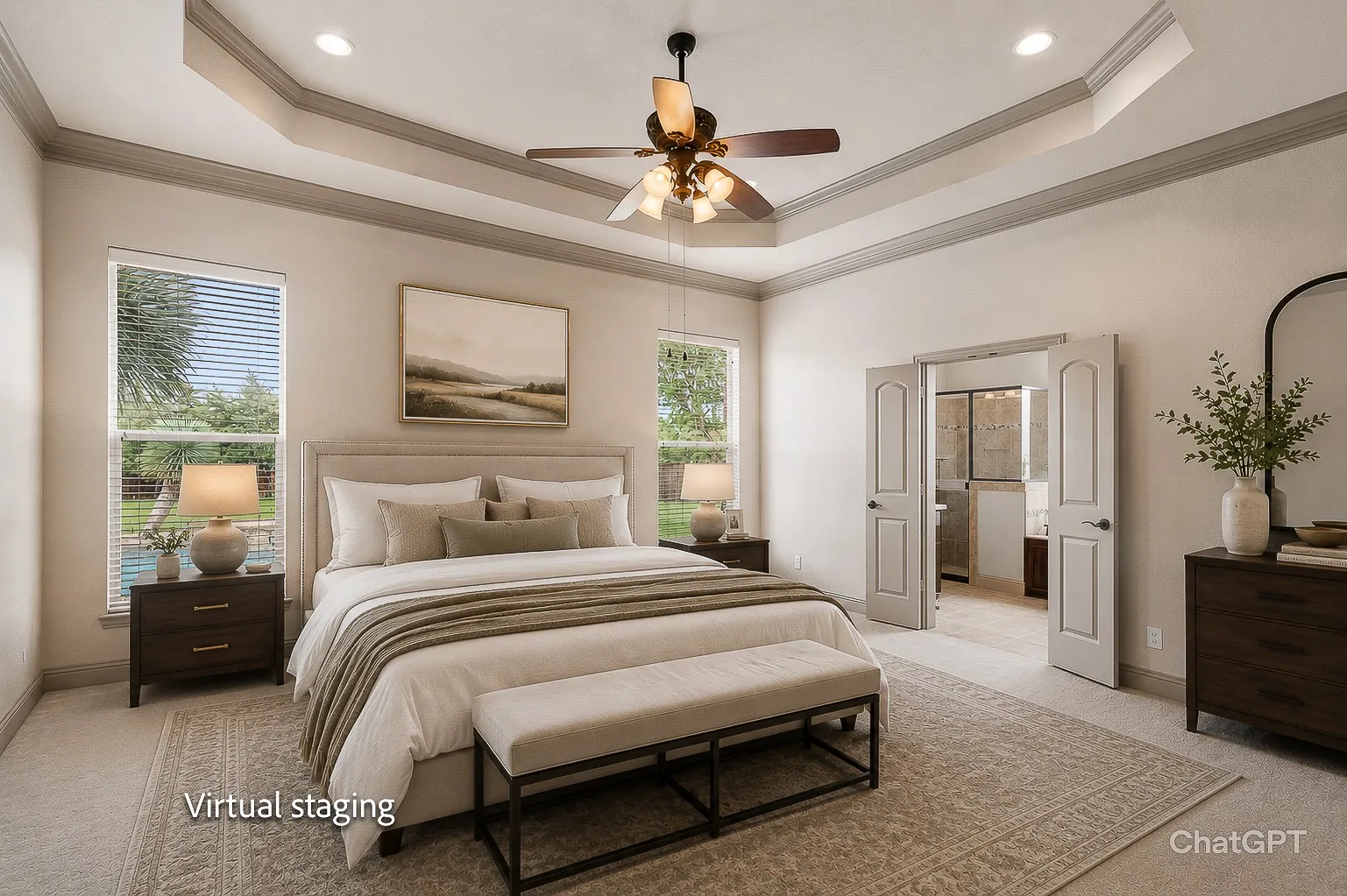 Virtually staged - Spacious bedroom featuring a tray ceiling with crown molding, ceiling fan, and recessed lighting