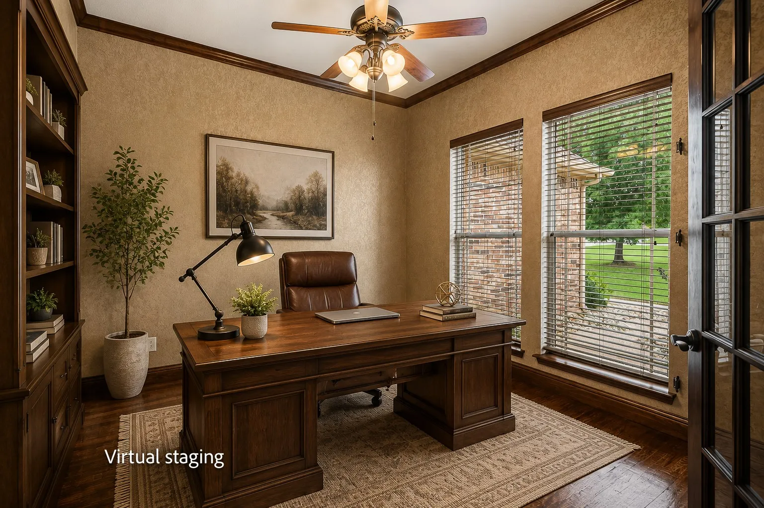 Virtually staged - Dedicated study featuring wood-finish flooring, built-in cabinetry, dual windows with blinds, and dark wood trim