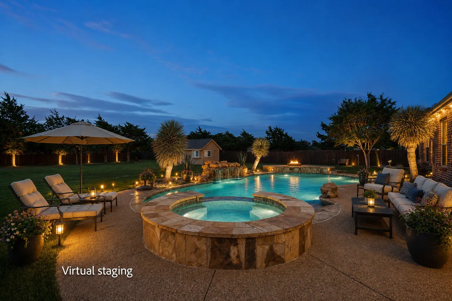 Virtually staged - Resort-style backyard featuring a swimming pool, integrated spa, and expansive concrete patio