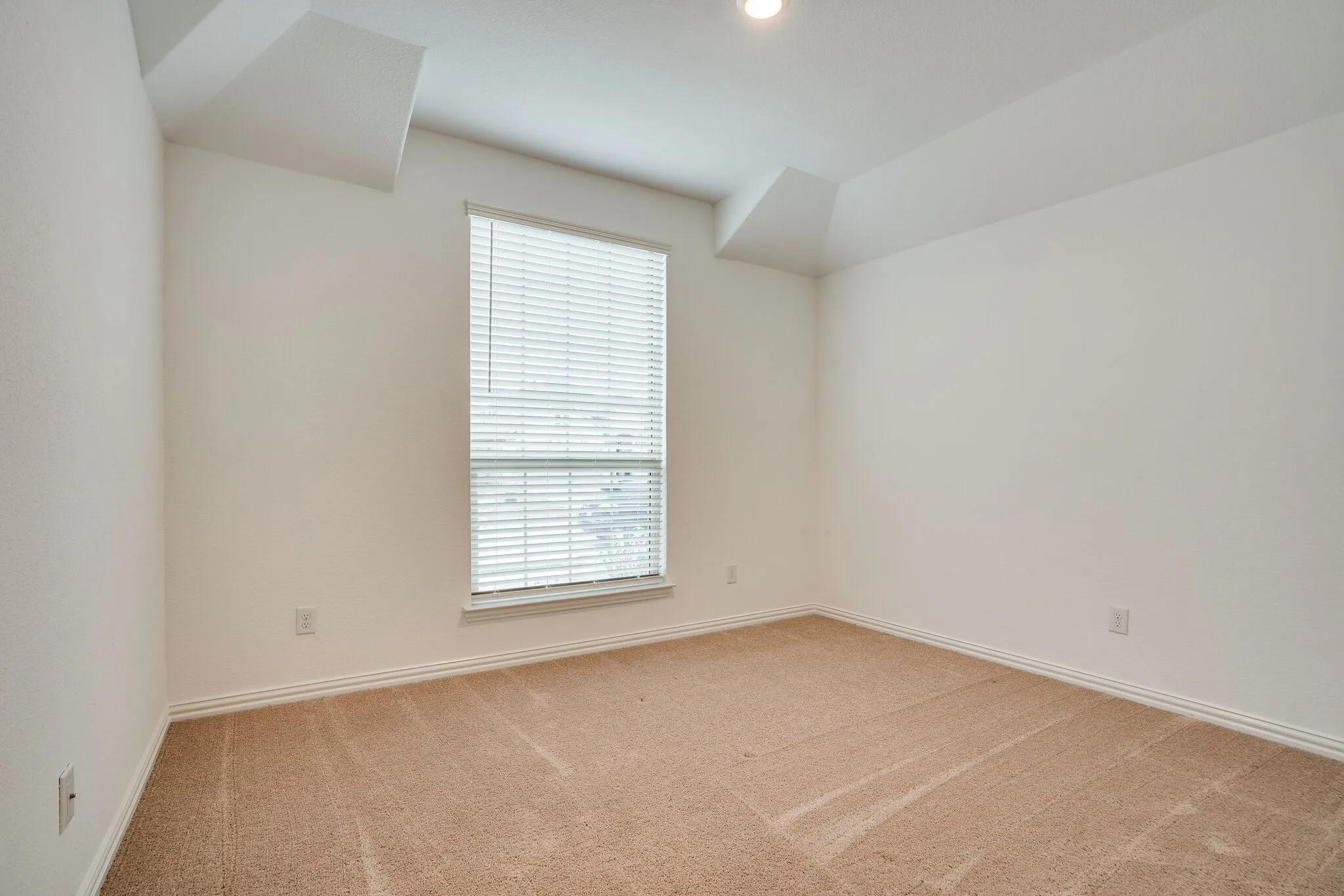 Neutral-toned bedroom featuring a recessed tray ceiling with accent lighting, light beige carpeting, white baseboards, and a window with horizontal blinds