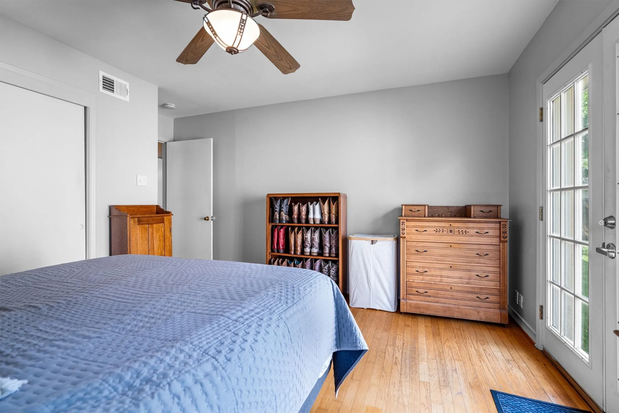Hardwood flooring paired with light gray walls