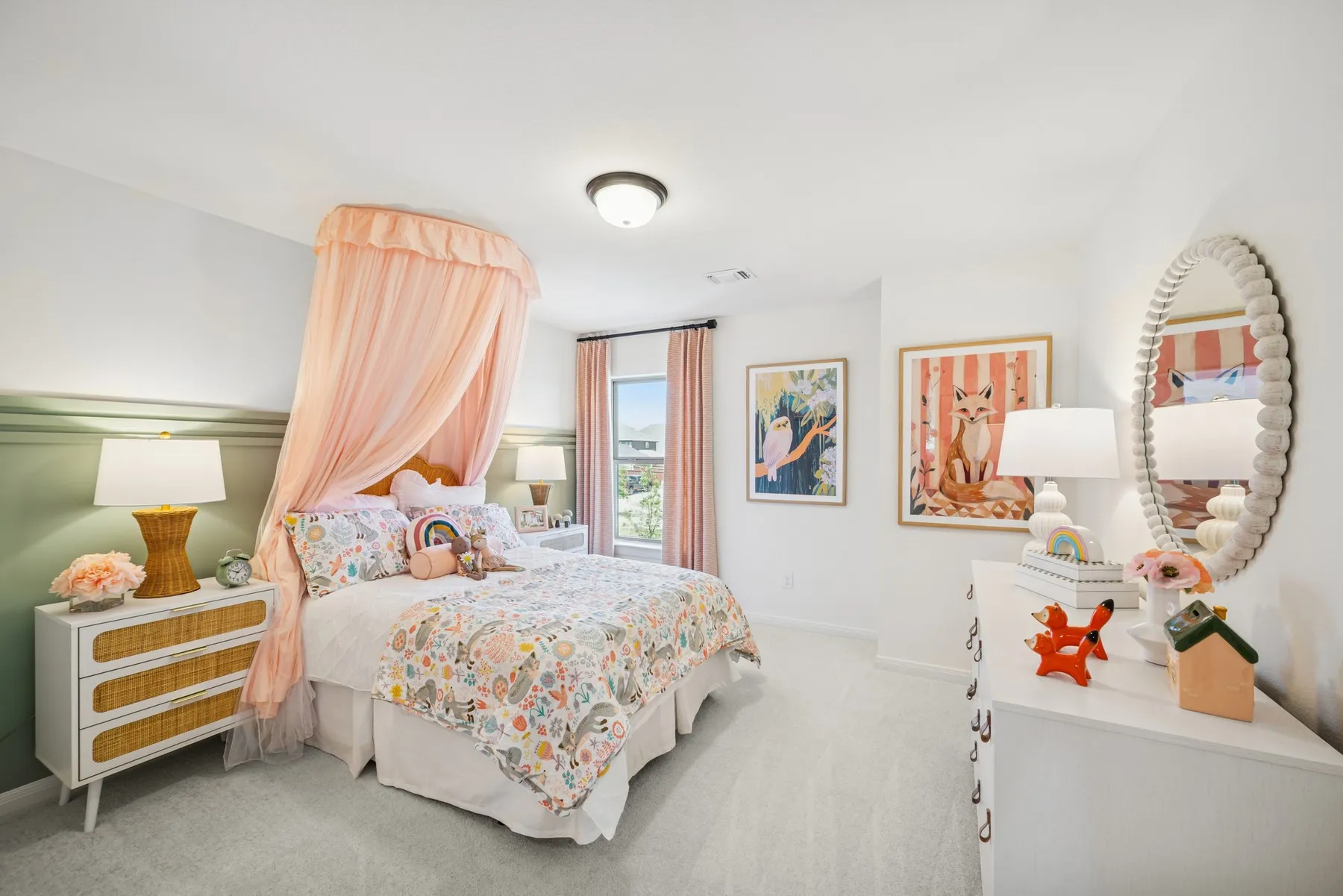 Carpeted bedroom featuring a window with natural light, a ceiling-mounted light fixture, and a two-tone wall treatment with a green lower section and white upper section