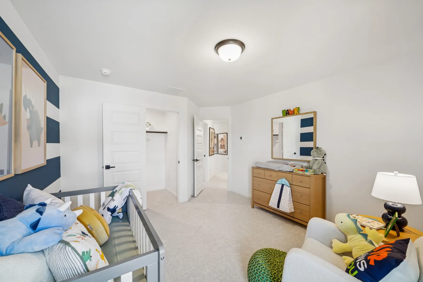 Bright room with light-colored carpeting